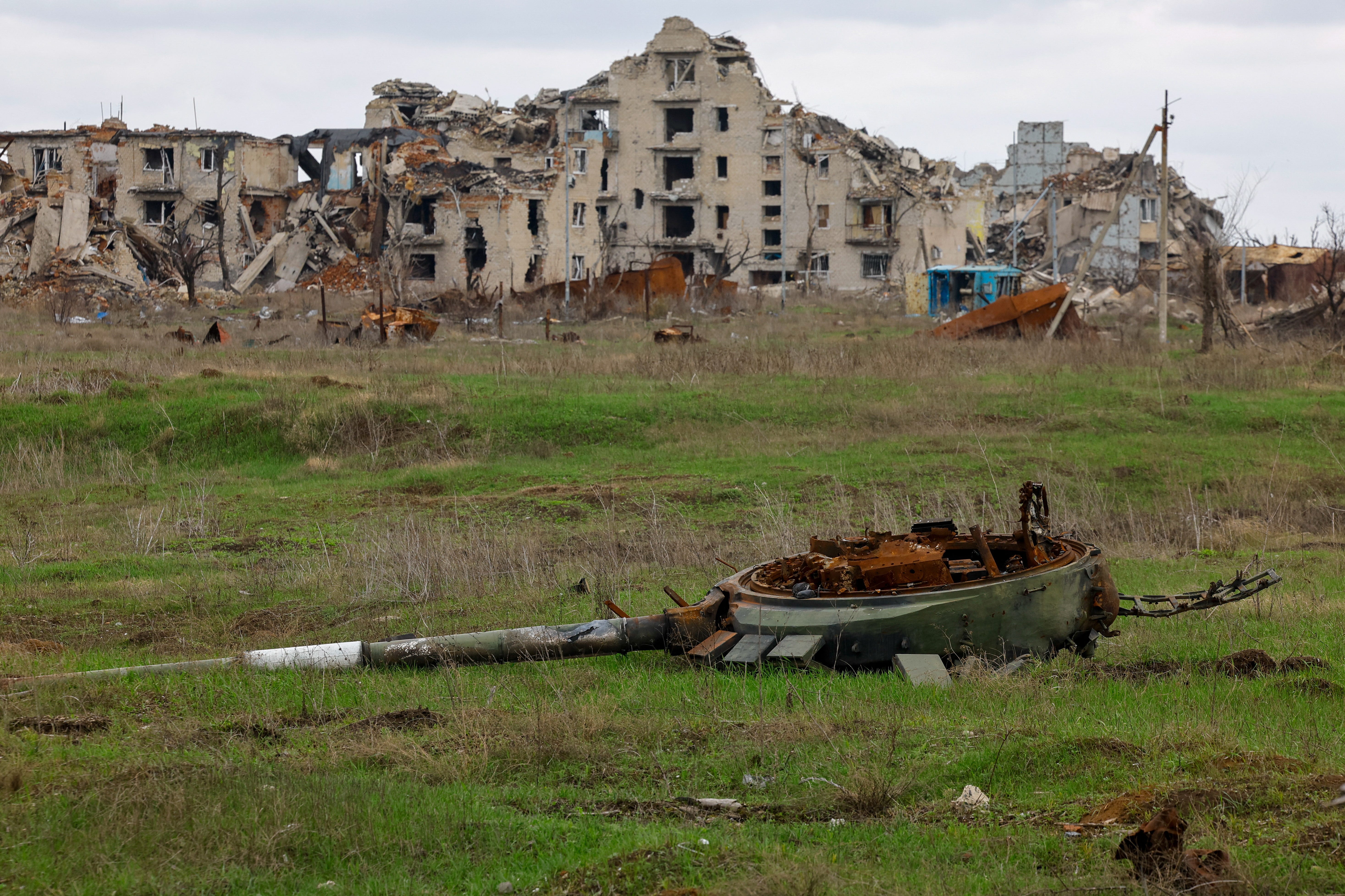 A tank turret is seen in a field near ruins of a building in the abandoned town of Marinka (Maryinka), which was destroyed in the course of Russia-Ukraine conflict in the Donetsk region, a Russian-controlled area of Ukraine, April 1, 2025.