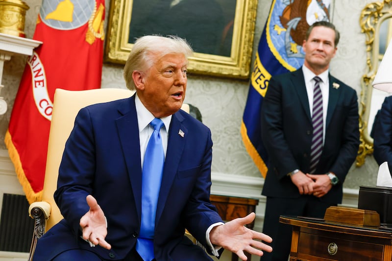 President Donald Trump, accompanied by National Security Adviser Michael Waltz, speaks during a meeting with Israeli Prime Minister Benjamin Netanyahu in the Oval Office on Feb. 4.