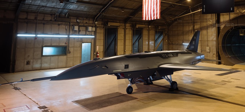 An Anduril YFQ-44A production-representative test vehicle sits in a testing chamber at Costa Mesa, Calif.
