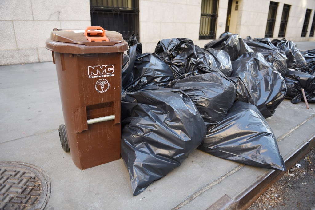 A general view of a New York City Organics Collection garbage can in New York, NY on May 9, 2018.