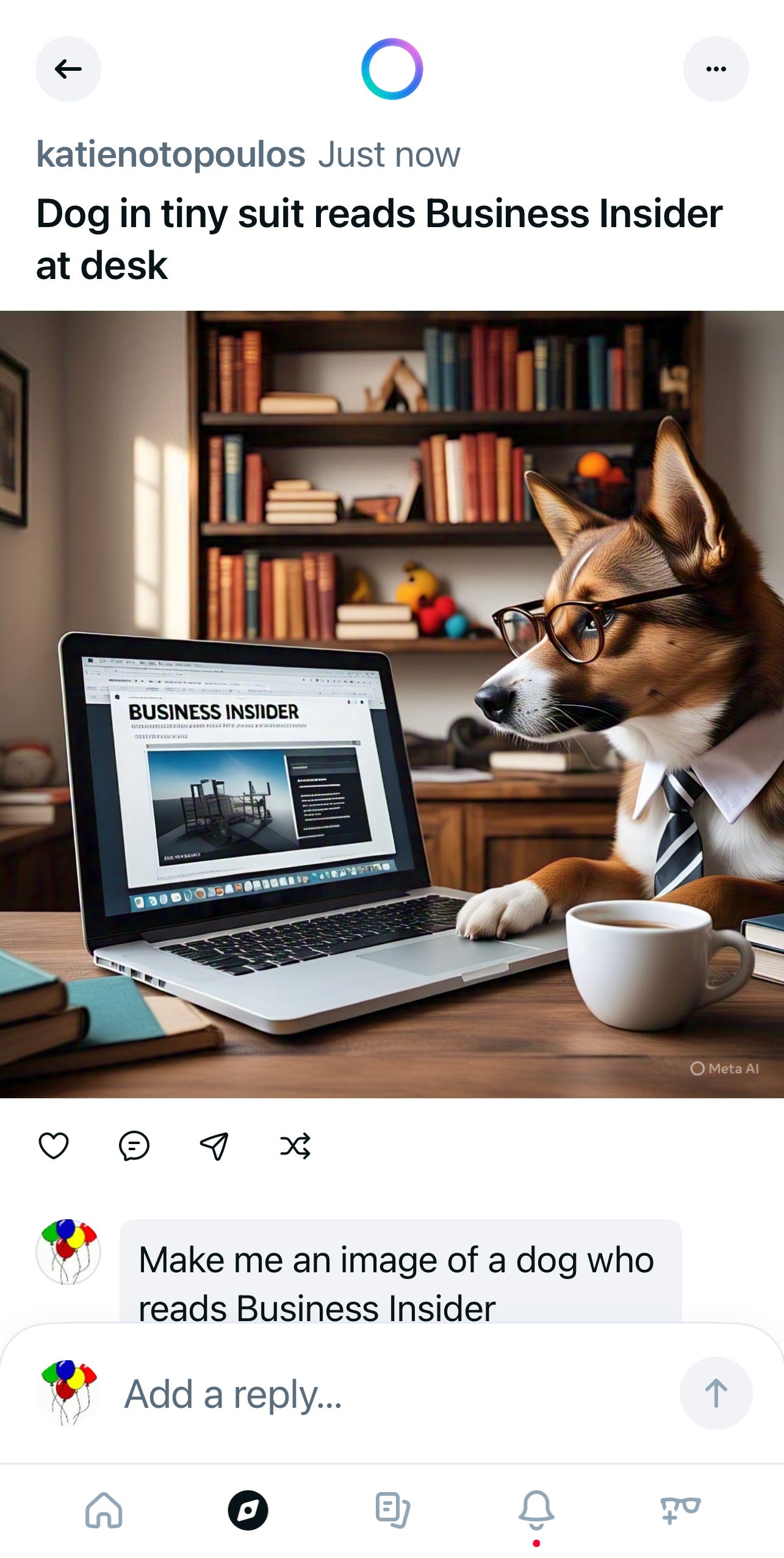 screenshot of the meta ai app asking it to make a dog pic