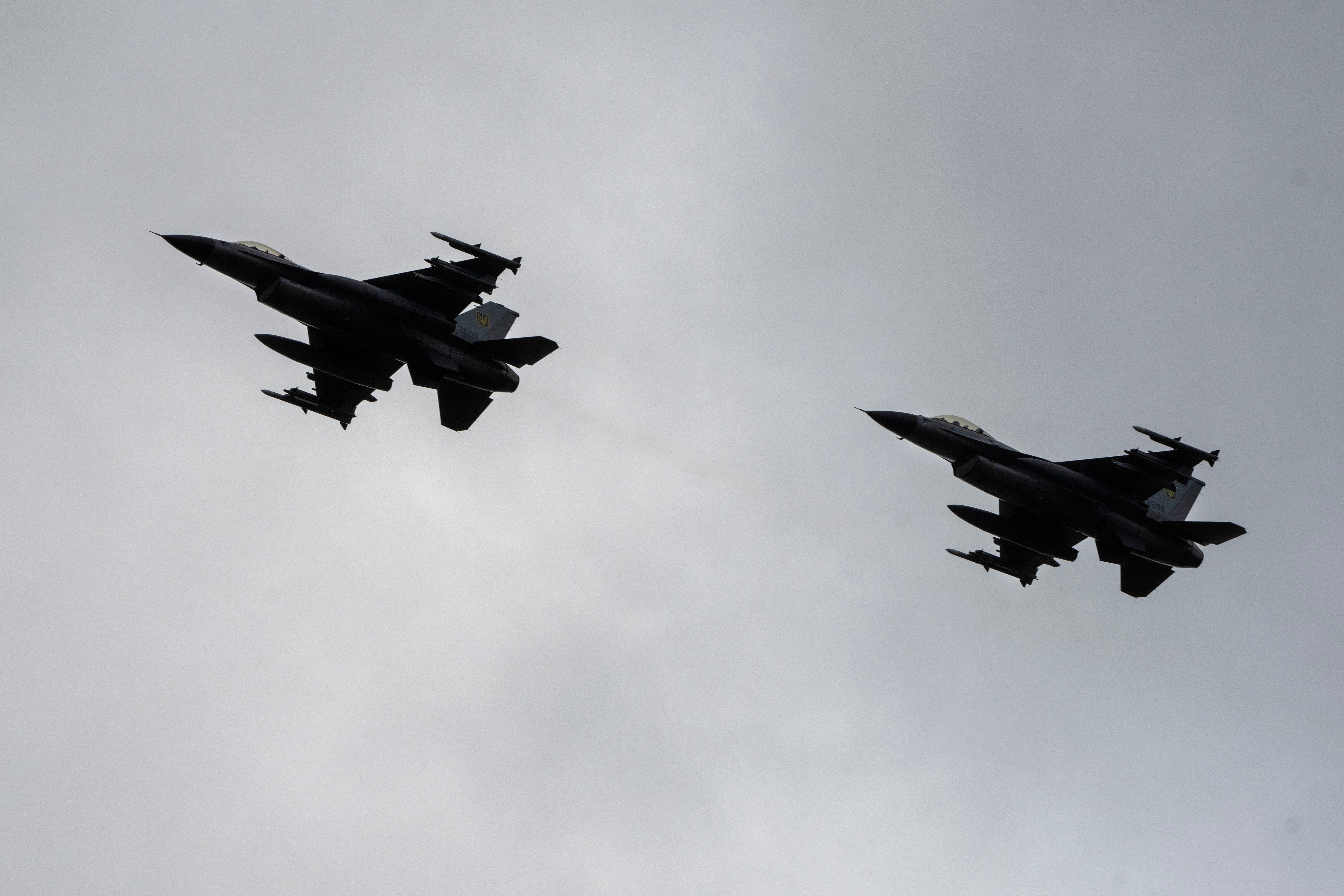The Ukrainian Air Force's F-16 fighter jets fly in an undisclosed location in Ukraine, Sunday, Aug. 4, 2024.