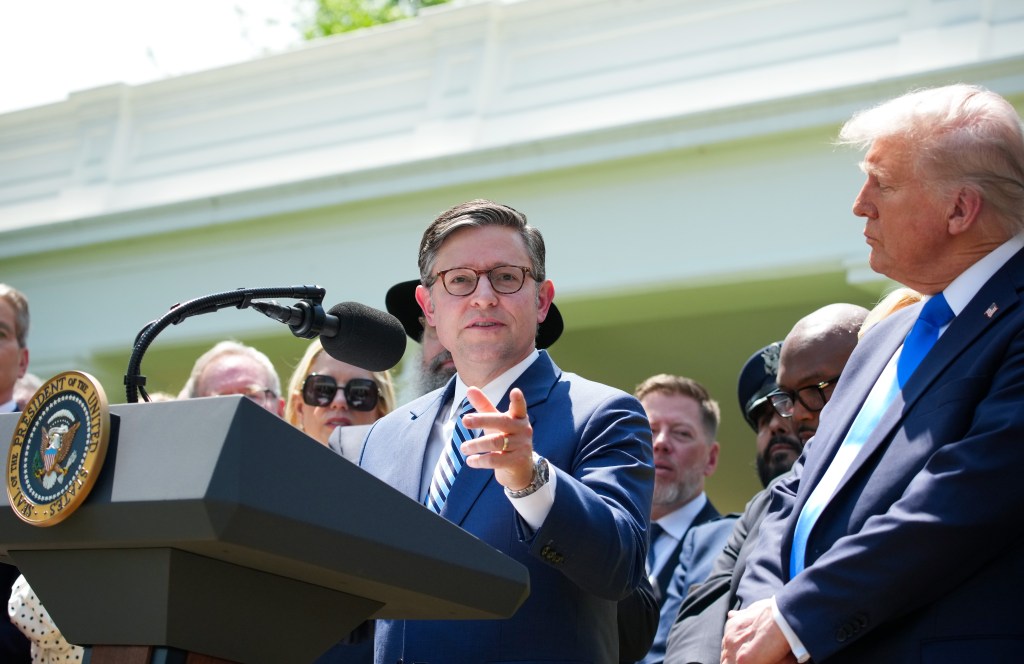 Speaker of the House Mike Johnson (R-LA) speaks alongside President Donald Trump during a National Day of Prayer event in the Rose Garden at the White House on May 1, 2025 in Washington, DC.