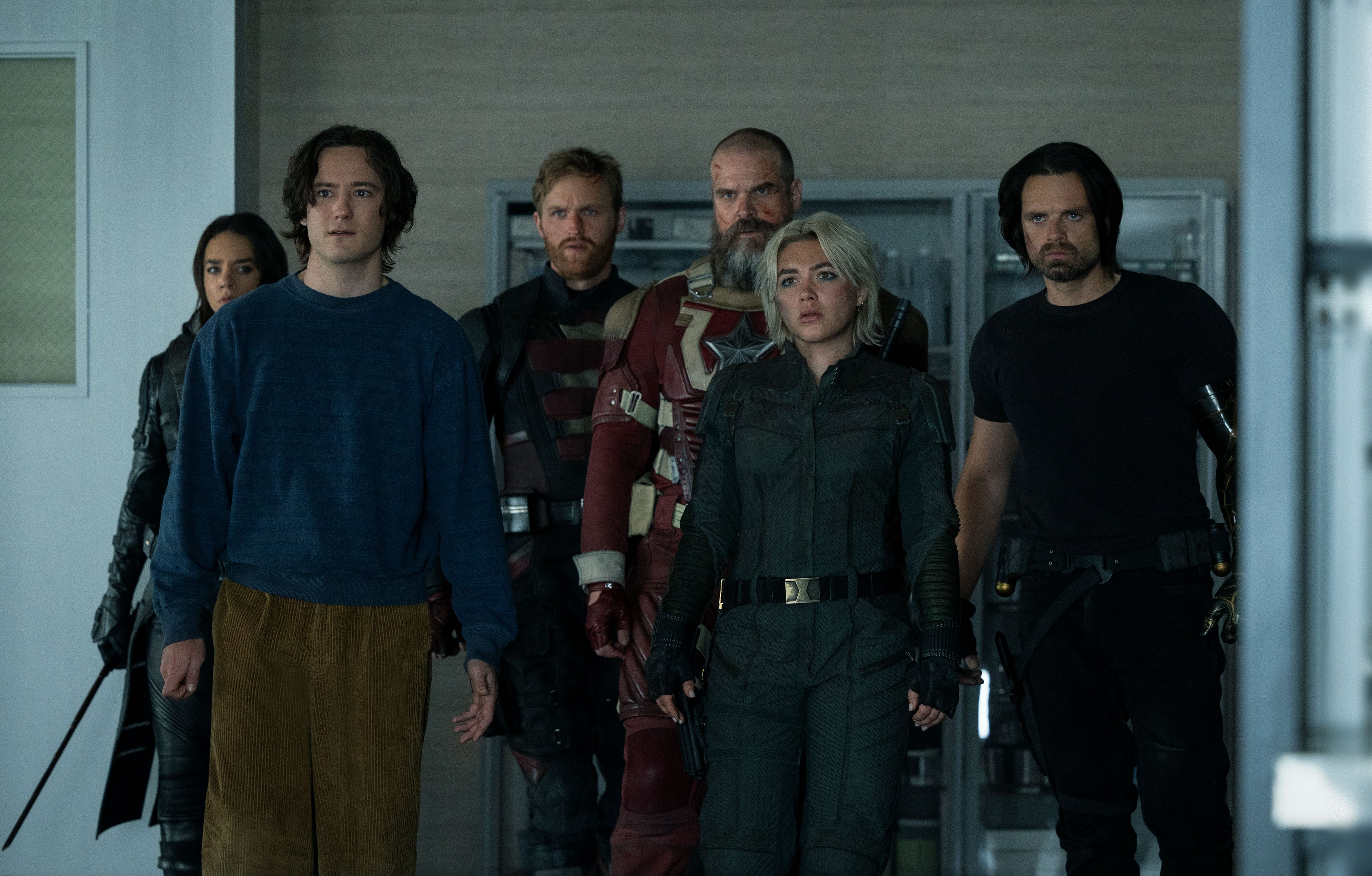 Hannah John-Kamen as Ava Starr/Ghost, Lewis Pullman as Bob, Wyatt Russell as John Walker, David Harbour as Alexei Shostakov/Red Guardian, Florence Pugh as Yelena Belova, and Sebastian Stan as Bucky Barnes in "Thunderbolts*."