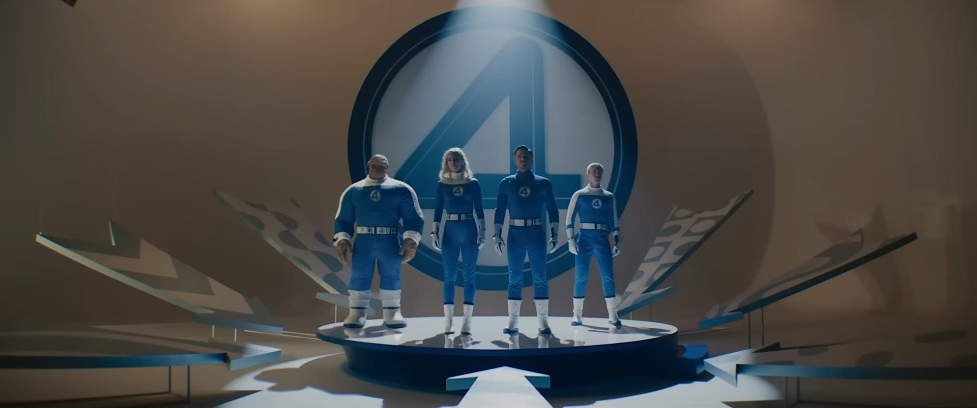 Ebon Moss-Bachrach as Ben Grimm/The Thing, Vanessa Kirby as Sue Storm/Invisible Woman, Pedro Pascal as Reed Richards/Mr. Fantastic, and Joseph Quinn as Johnny Storm/Human Torch in "The Fantastic Four: First Steps."