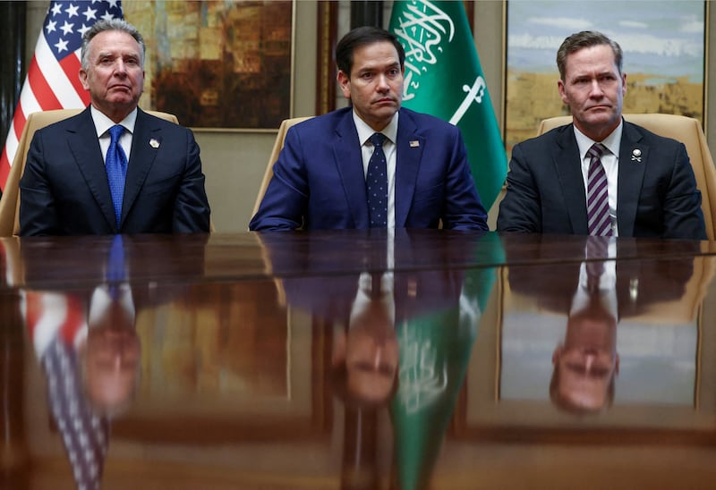 FILE PHOTO: U.S. Secretary of State Marco Rubio, U.S. National Security Advisor Mike Waltz, and U.S. Middle East envoy Steve Witkoff attend an interview after meeting with Russian Foreign Minister Sergei Lavrov and Russian President Vladimir Putin's foreign policy advisor Yuri Ushakov, at Diriyah Palace, in Riyadh, Saudi Arabia, February 18, 2025. REUTERS/Evelyn Hockstein/Pool/File Photo