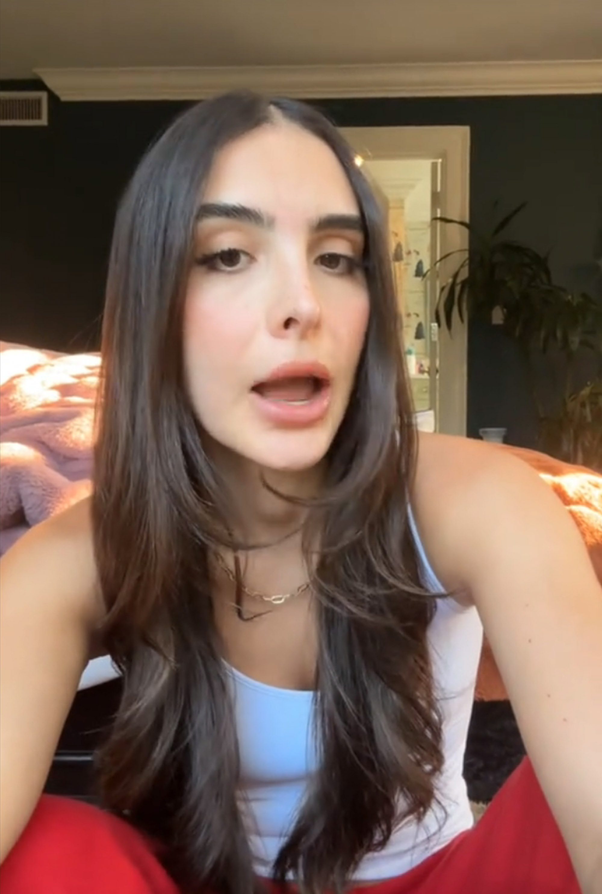Sophia Umansky talks to the camera with long brown hair. 