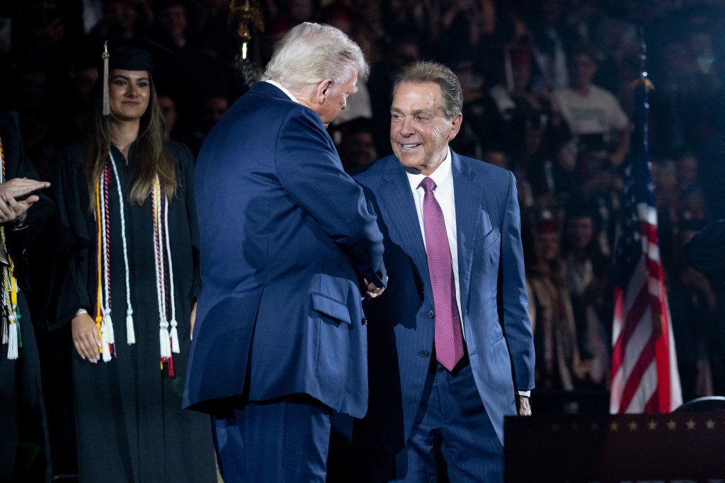 The president was introduced by legendary former Alabama Crimson Tide football coach Nick Saban.