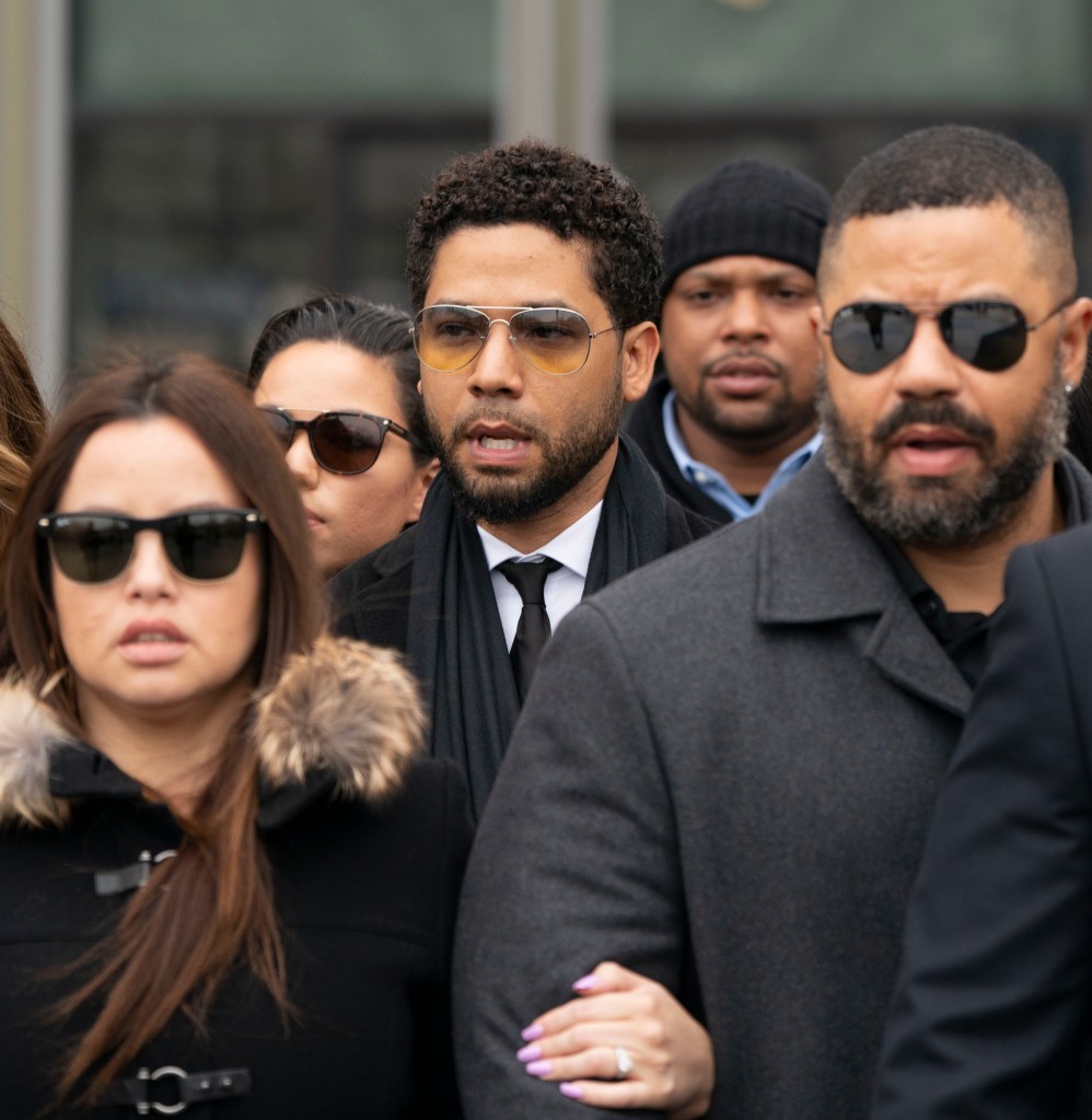 Jussie Smollett leaves a Cook County courthouse after a hearing on Feb. 24, 2020.