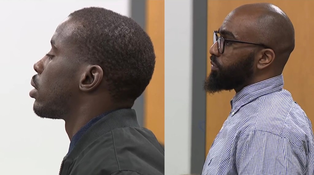 Demetrice Ross and Brandon Williams stand in court as the verdicts are read by the foreperson on April 30, 2025.