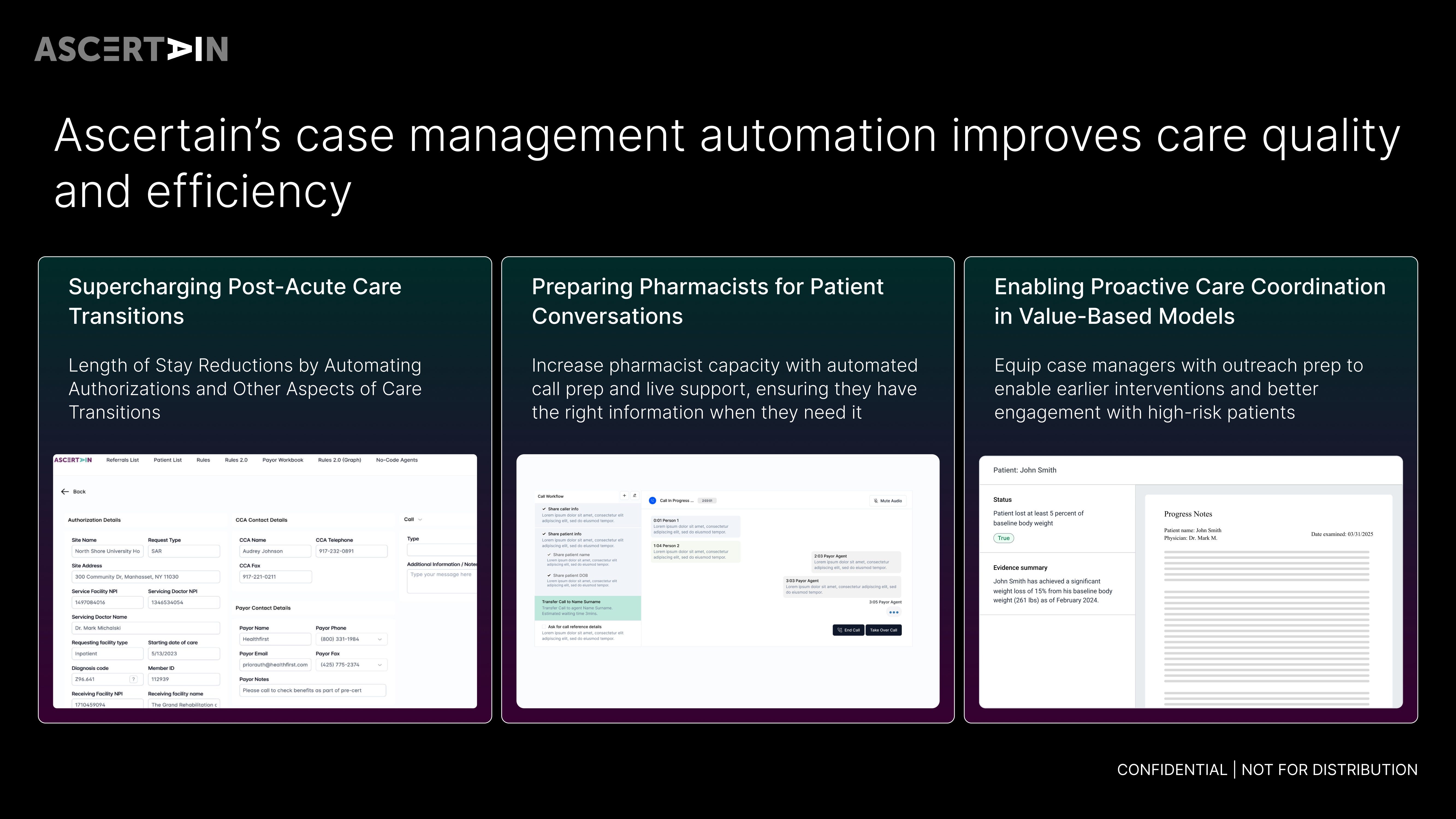 Ascertain pitch deck slide 6 — Ascertain's case management automation improves care quality and efficiency