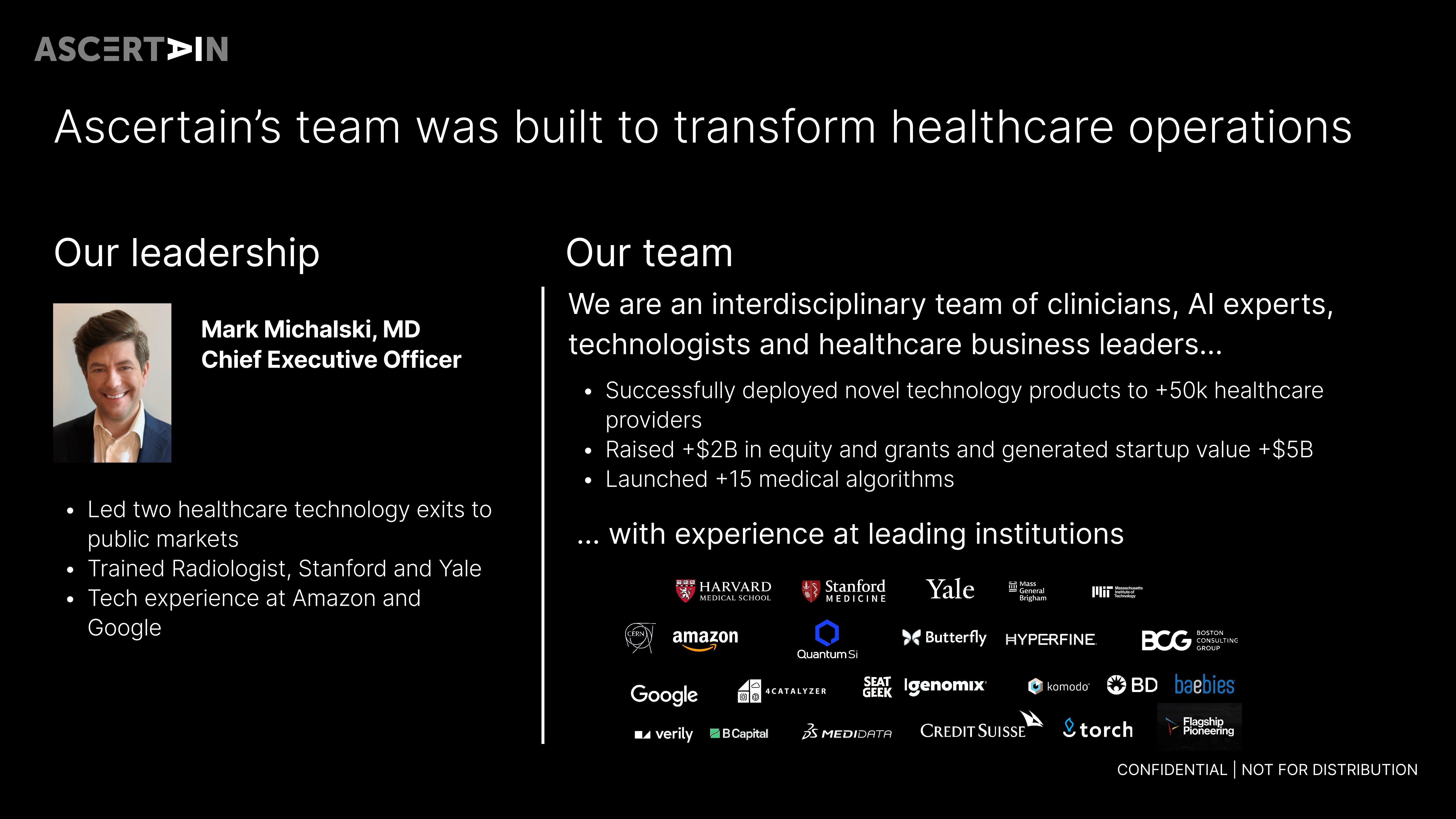 Ascertain pitch deck slide 10 — Ascertain's team was built to transform healthcare operations