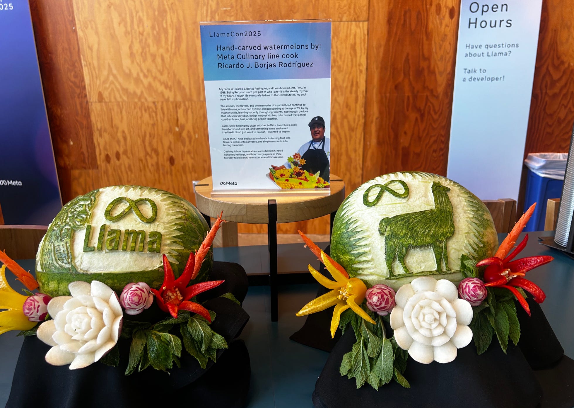 Carved watermelons with Llama branding