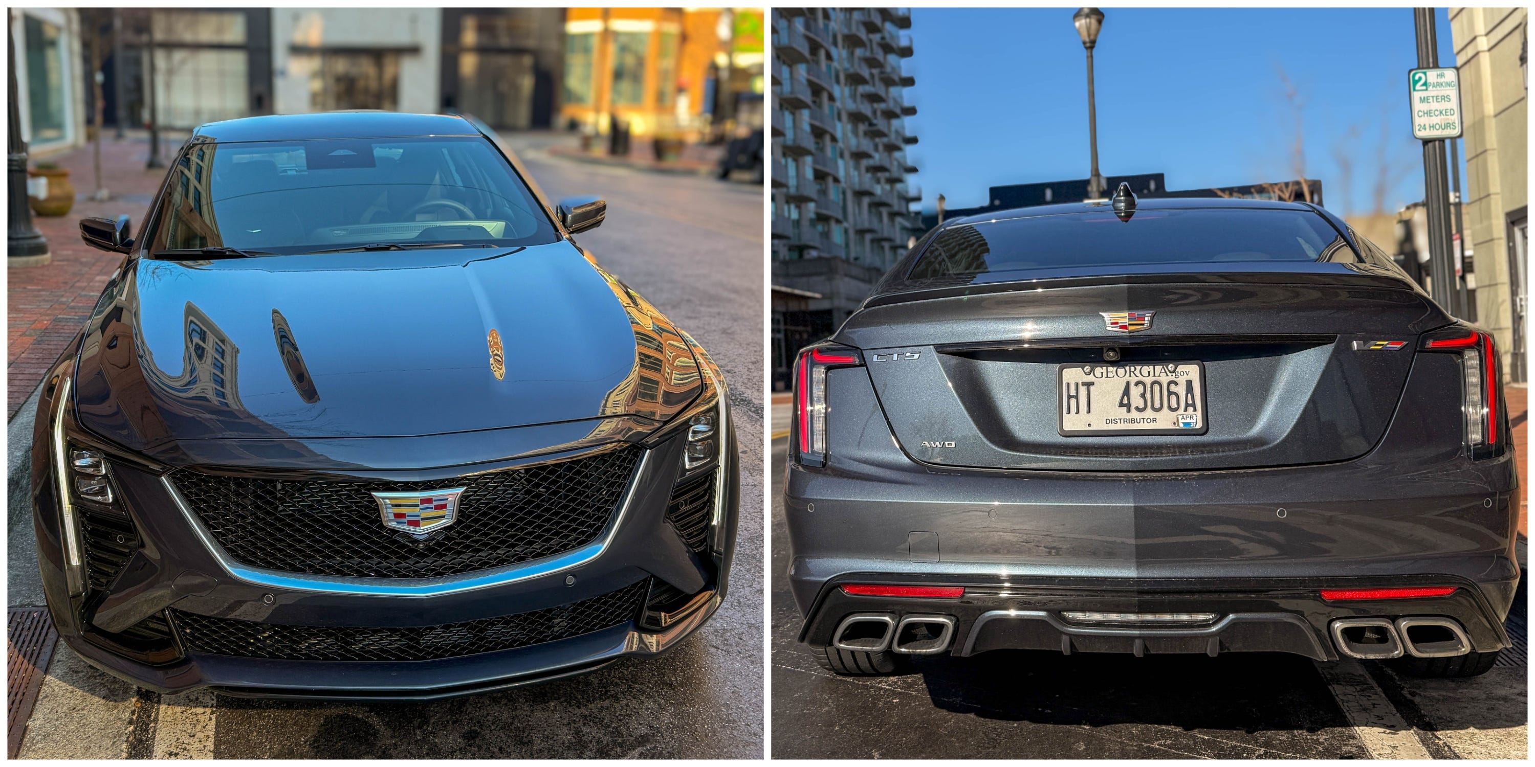 Two photos show the front and rear of a gray 2025 Cadillac CT5-V sports sedan parked on the street.