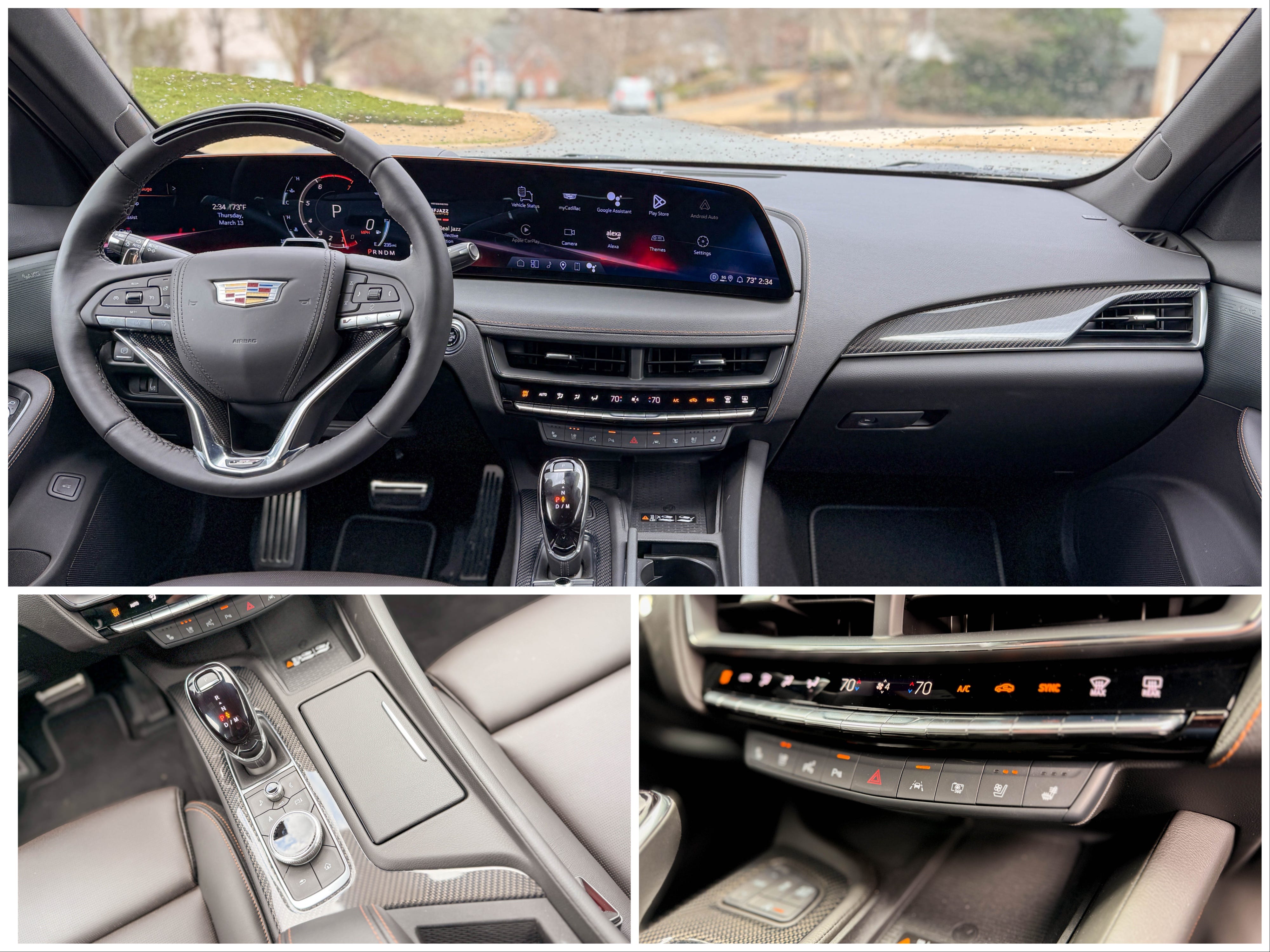 Three photos show the front dash, center console, and center stack in a 2025 Cadillac CT5-V sports sedan.
