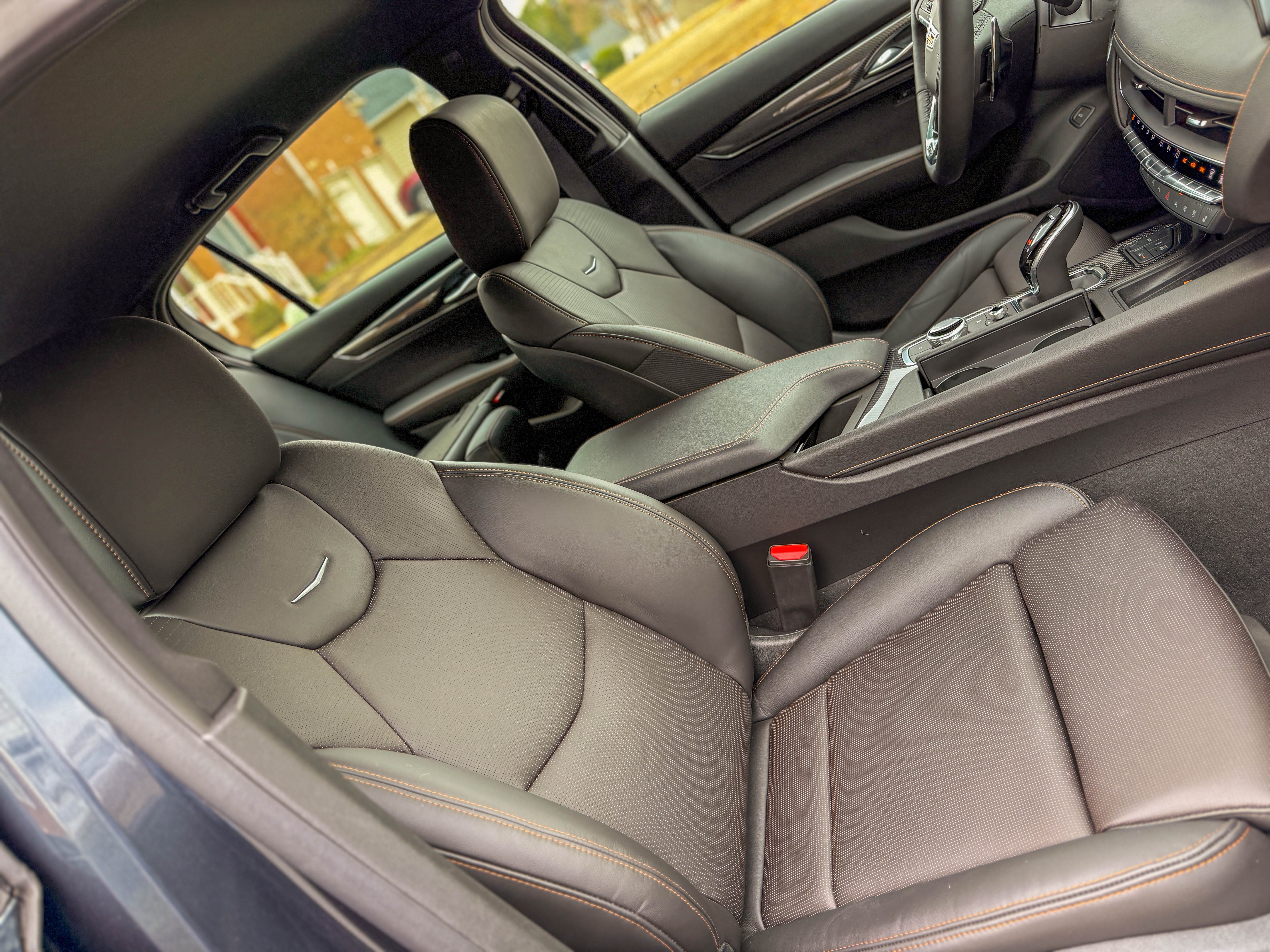 The black leather front seats in a 2025 Cadillac CT5-V sports sedan.