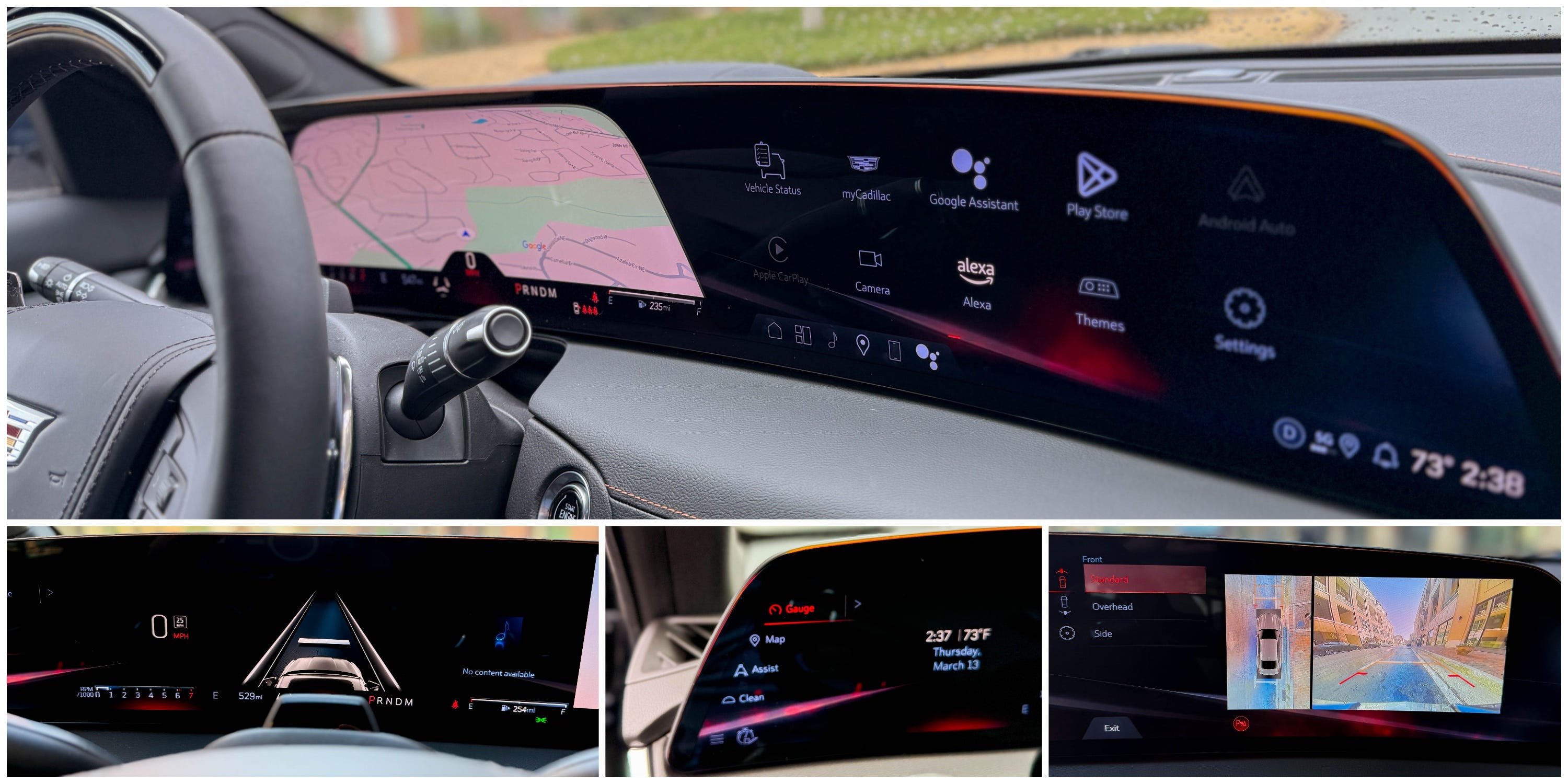 Four photos show the 33-inch infotainment and digital information display on the front dash of a 2025 Cadillac CT5-V sports sedan.