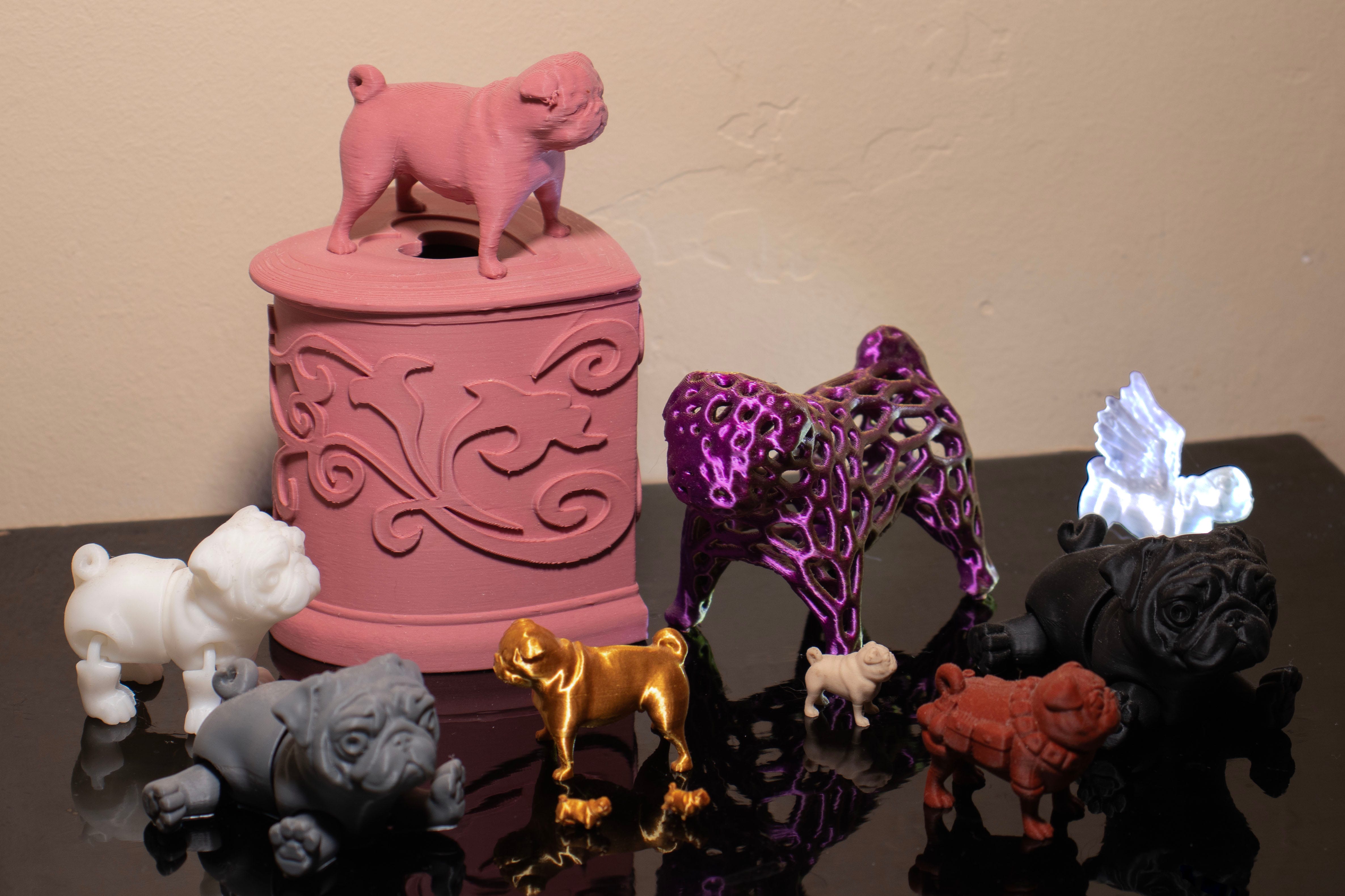 3D printed pug figurines