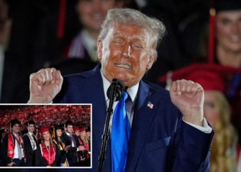 Trump quips he’s ‘in trouble’ with Melania as he impersonates trans athlete at University of Alabama commencement speech