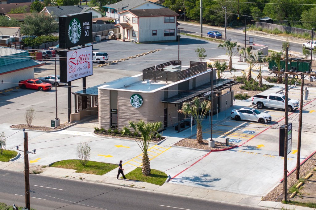 An aerial view shows a 3D printed Starbucks building Monday, April 28, 2025, in Brownsville, Texas.