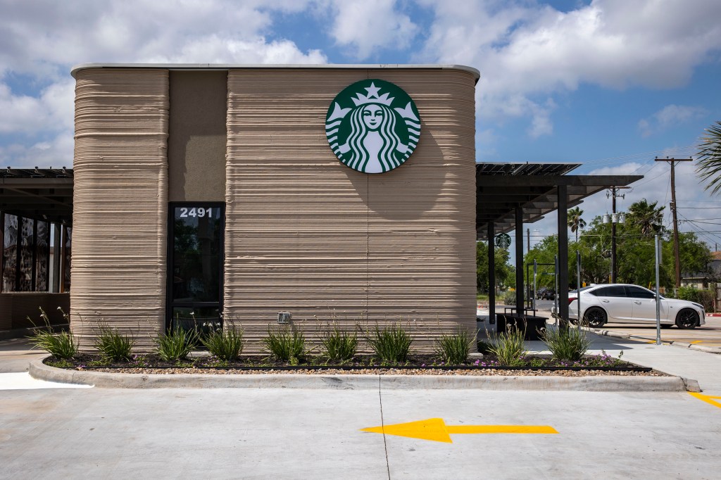 A general view shows a 3D printed Starbucks building Monday, April 28, 2025, in Brownsville, Texas.
