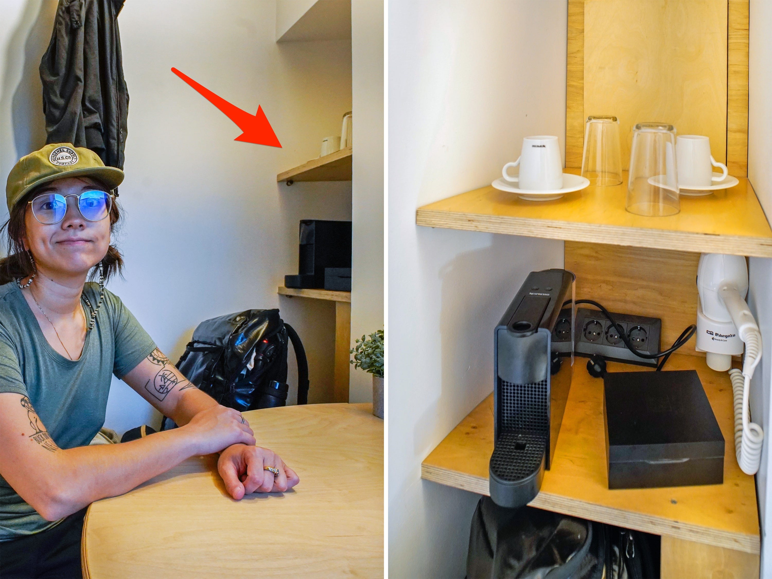 A composite image of the author sitting at a table and The coffee corner on the first floor.
