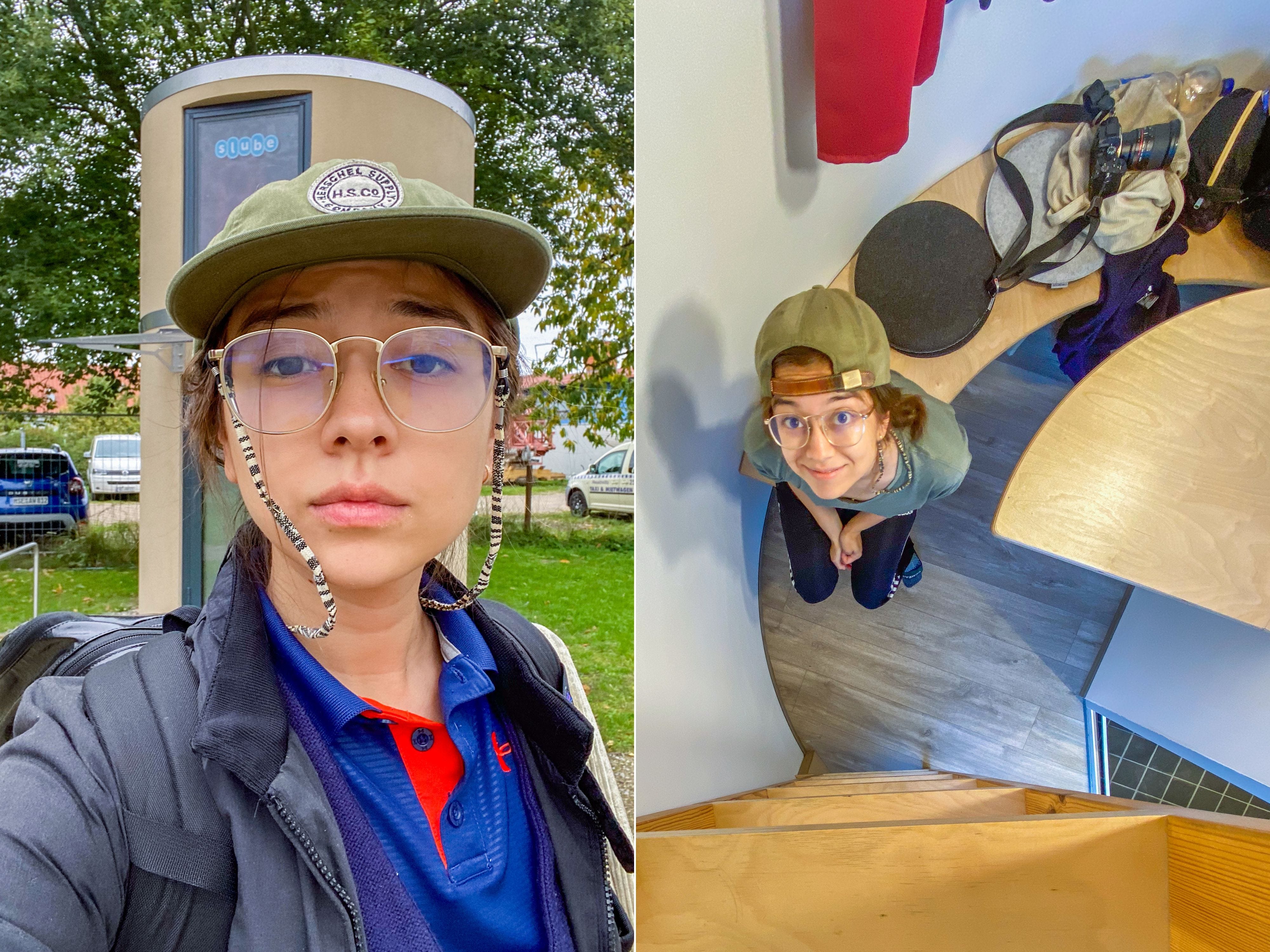 A composite image of the author standing in front of a cylindrical home and sitting inside the home looking up a ladder