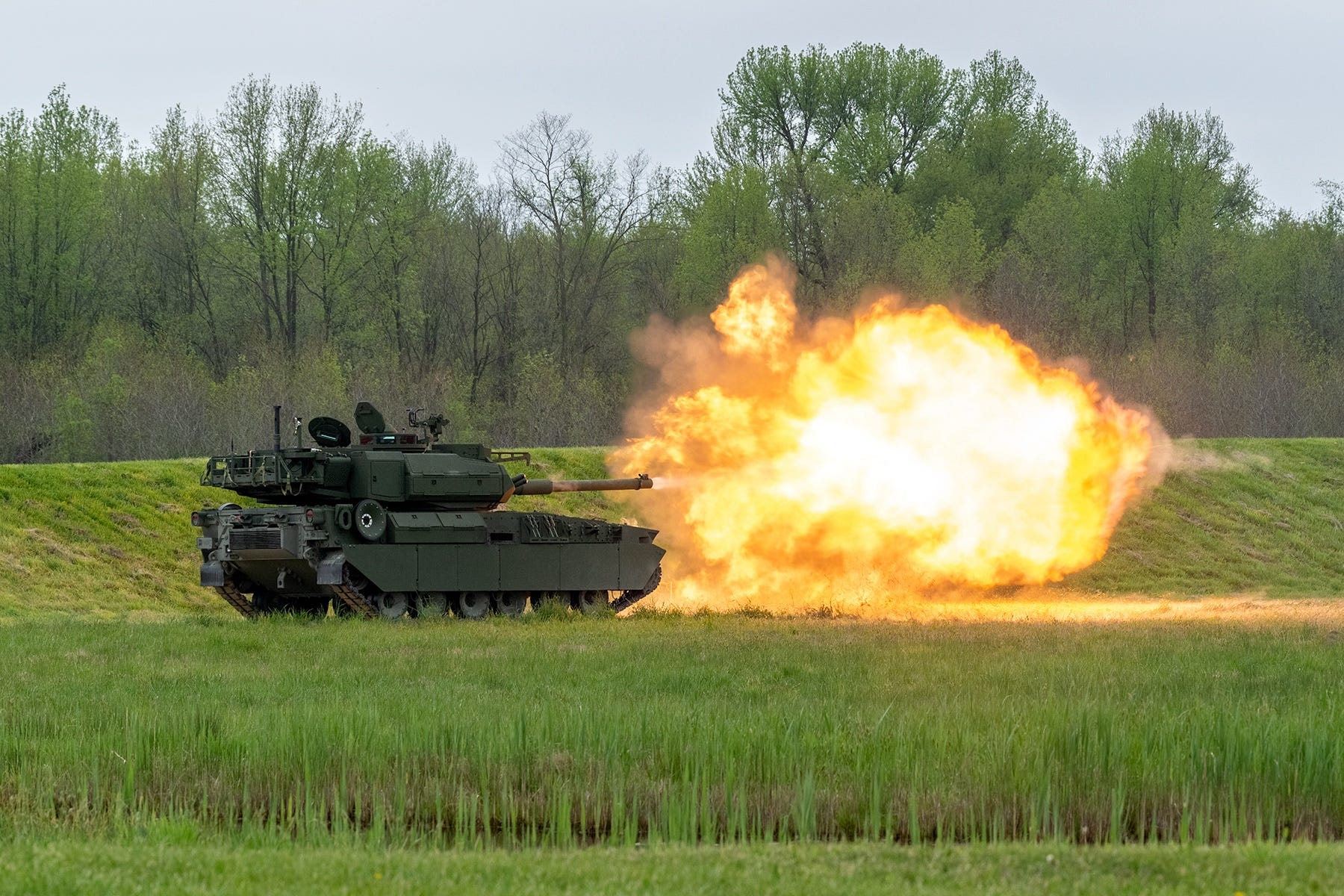 An M10 Booker fires during a 2024 demonstration at Aberdeen Proving Grounds in Maryland.