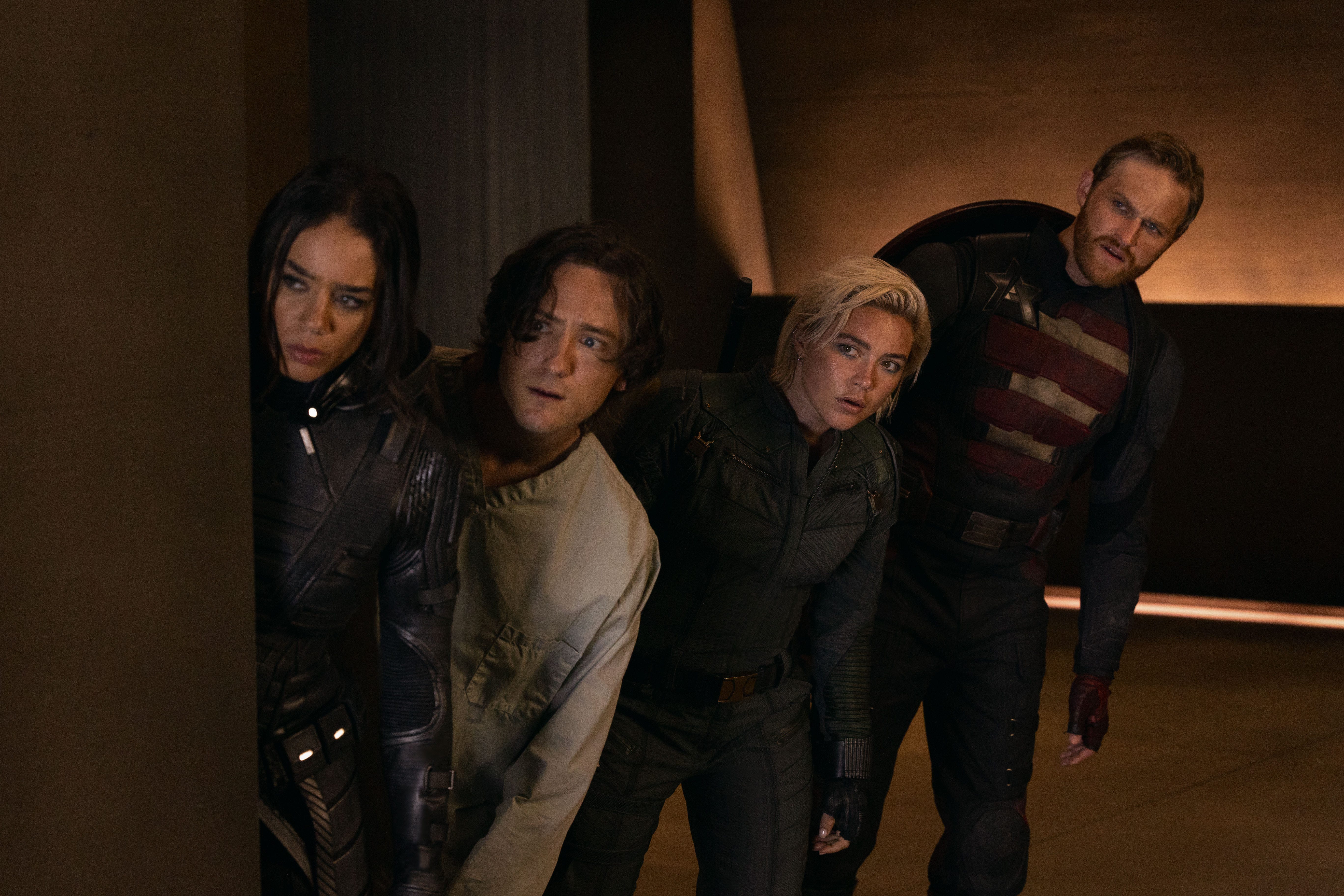 Hannah John-Kamen as Ava Starr/Ghost, Lewis Pullman as Bob, Florence Pugh as Yelena Belova, and Wyatt Russell as John Walker in "Thunderbolts*."