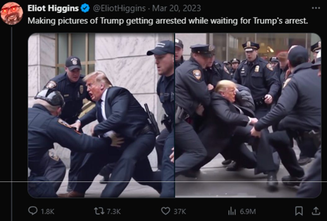 A deepfake depicting Donald Trump being arrested.