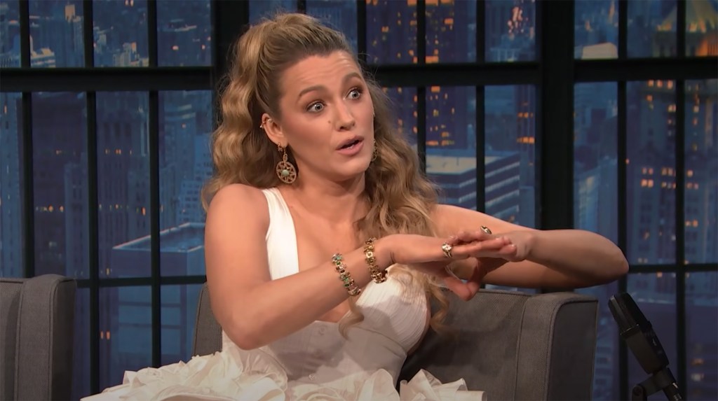 Blake Lively talking to Seth Meyers on his talk show