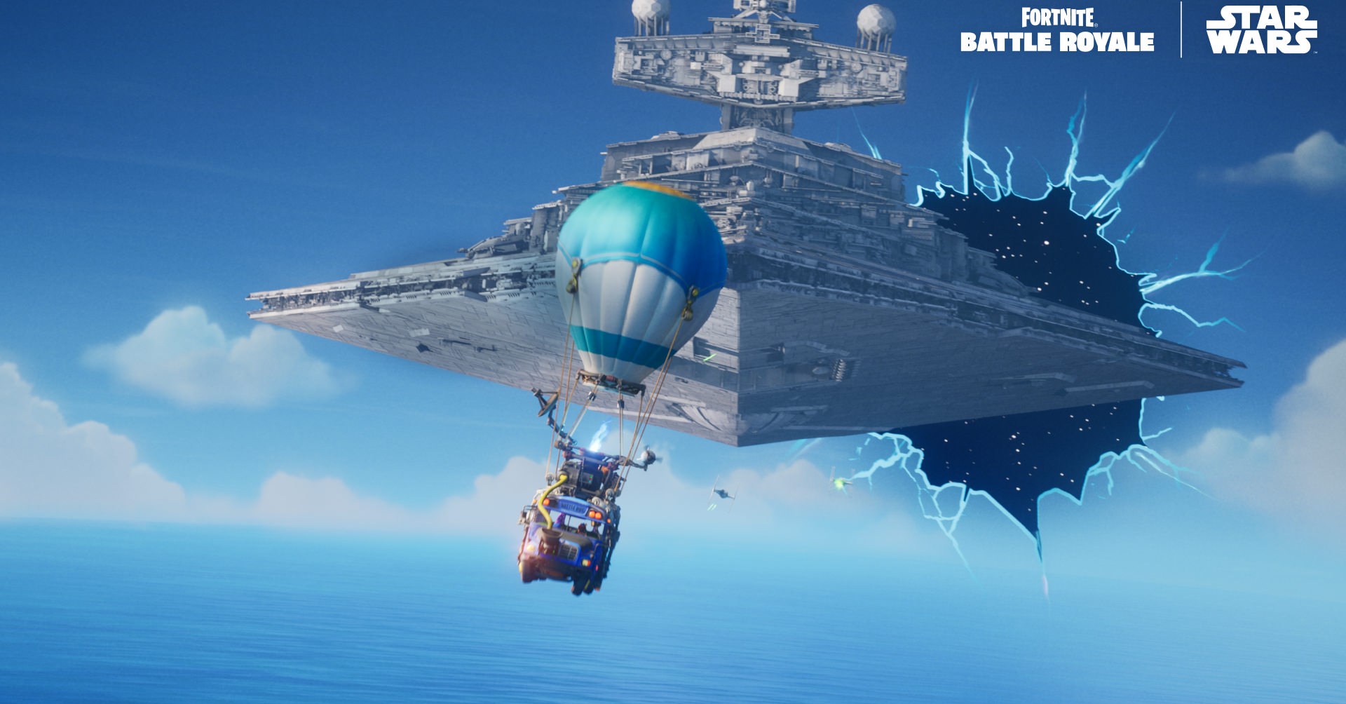 A Star Destroyer appears out of a rift in Fortnite