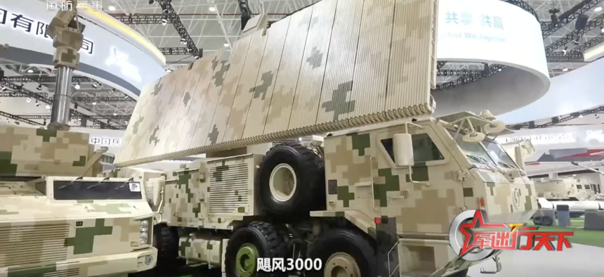 Screenshot of a CCTV report on the NORINCO Hurricane-3000, a high-power microwave counter-UAS system on display at last year's Zhuhai Airshow.