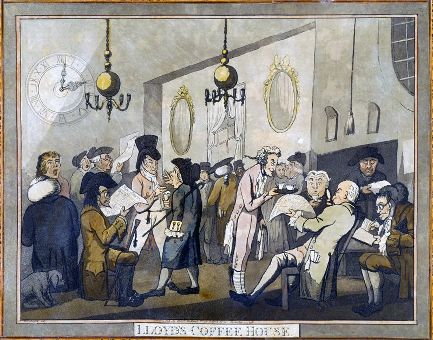 A depiction of men in period clothing and hats inside a coffee house in a London.