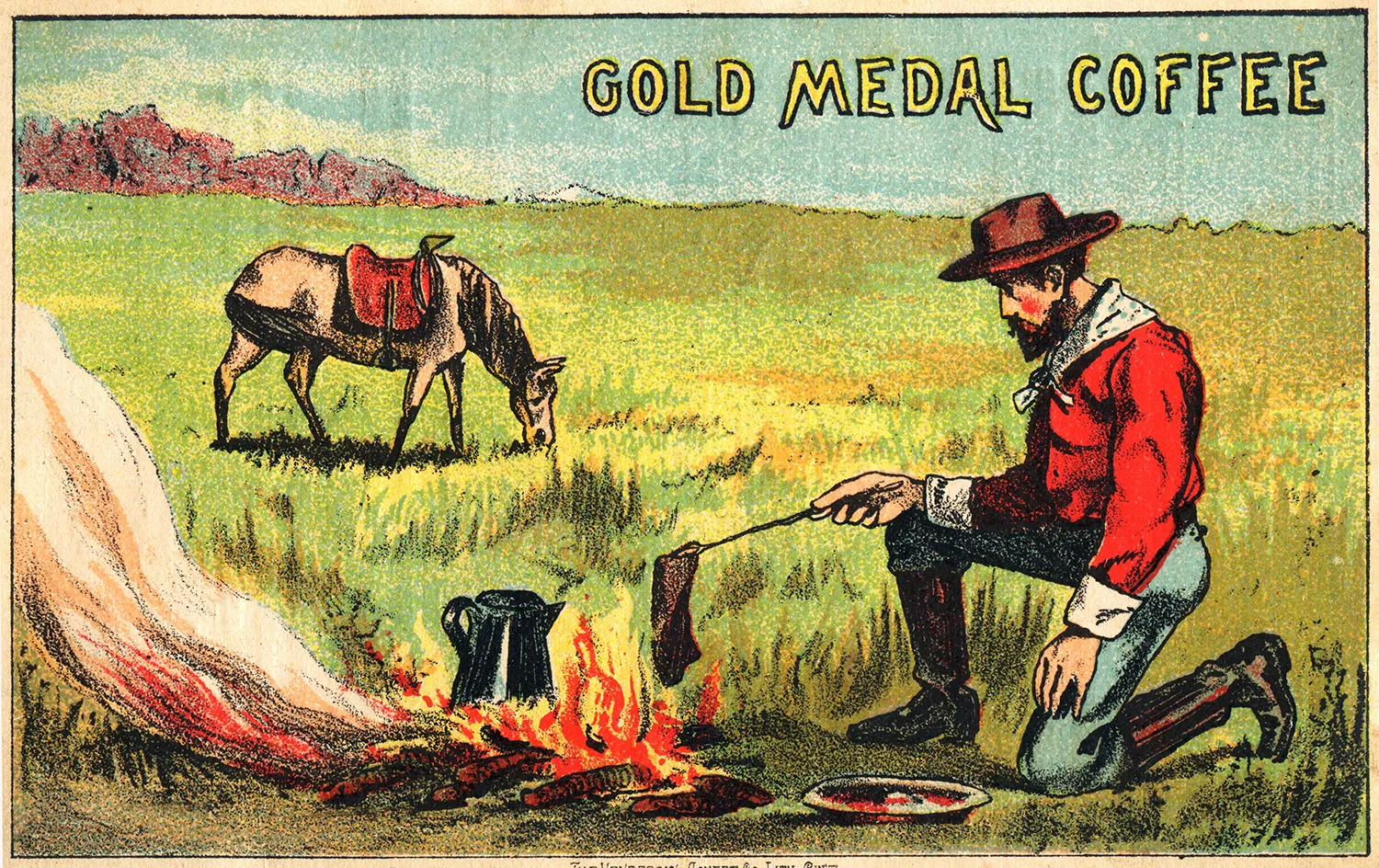 A drawing shows a cowboy kneeling next to a fire with a coffeepot on it. In the distance is a horse and open field.