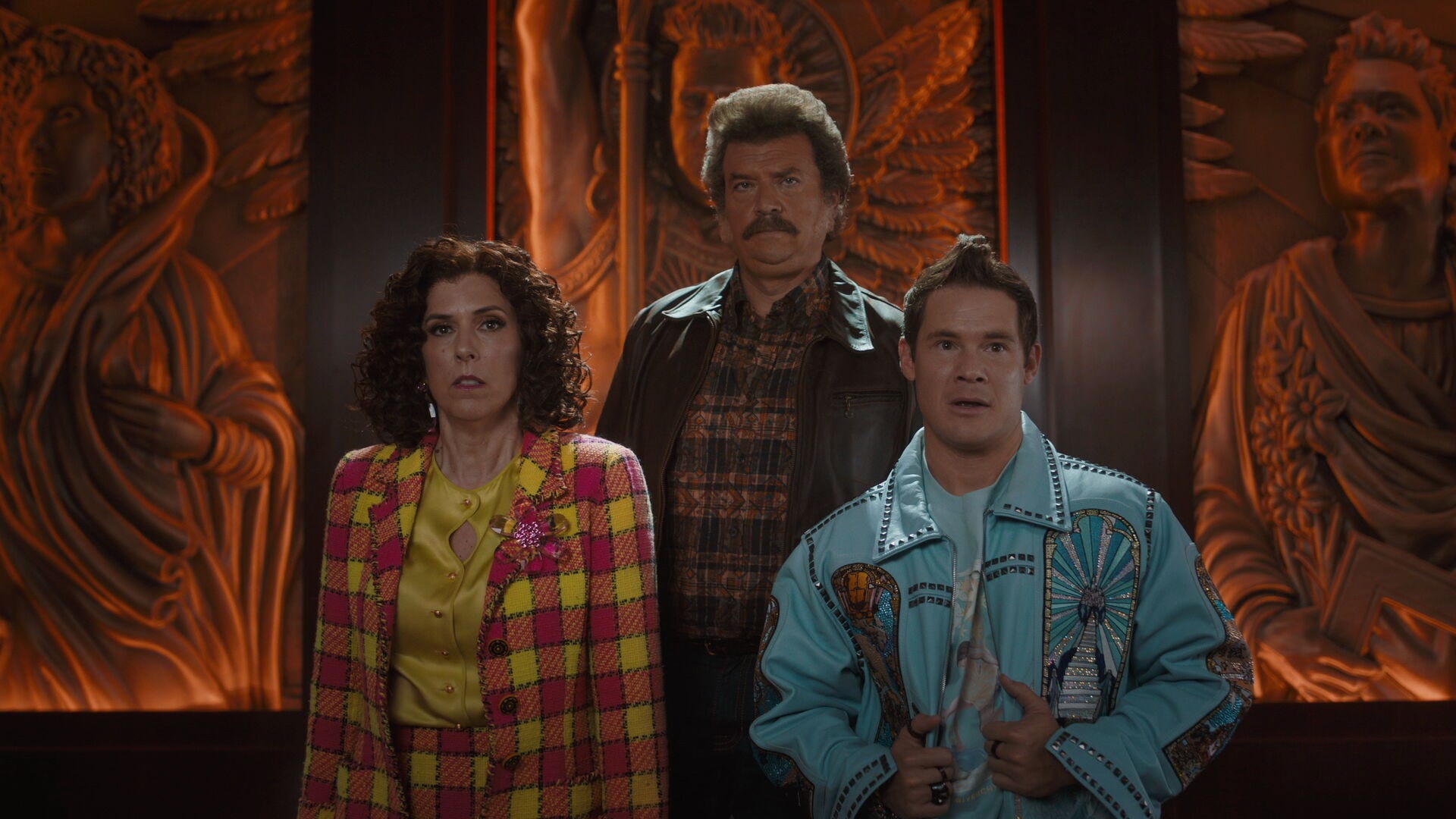 Edi Patterson, Danny McBride, and Adam Devine in season four of "The Righteous Gemstones."