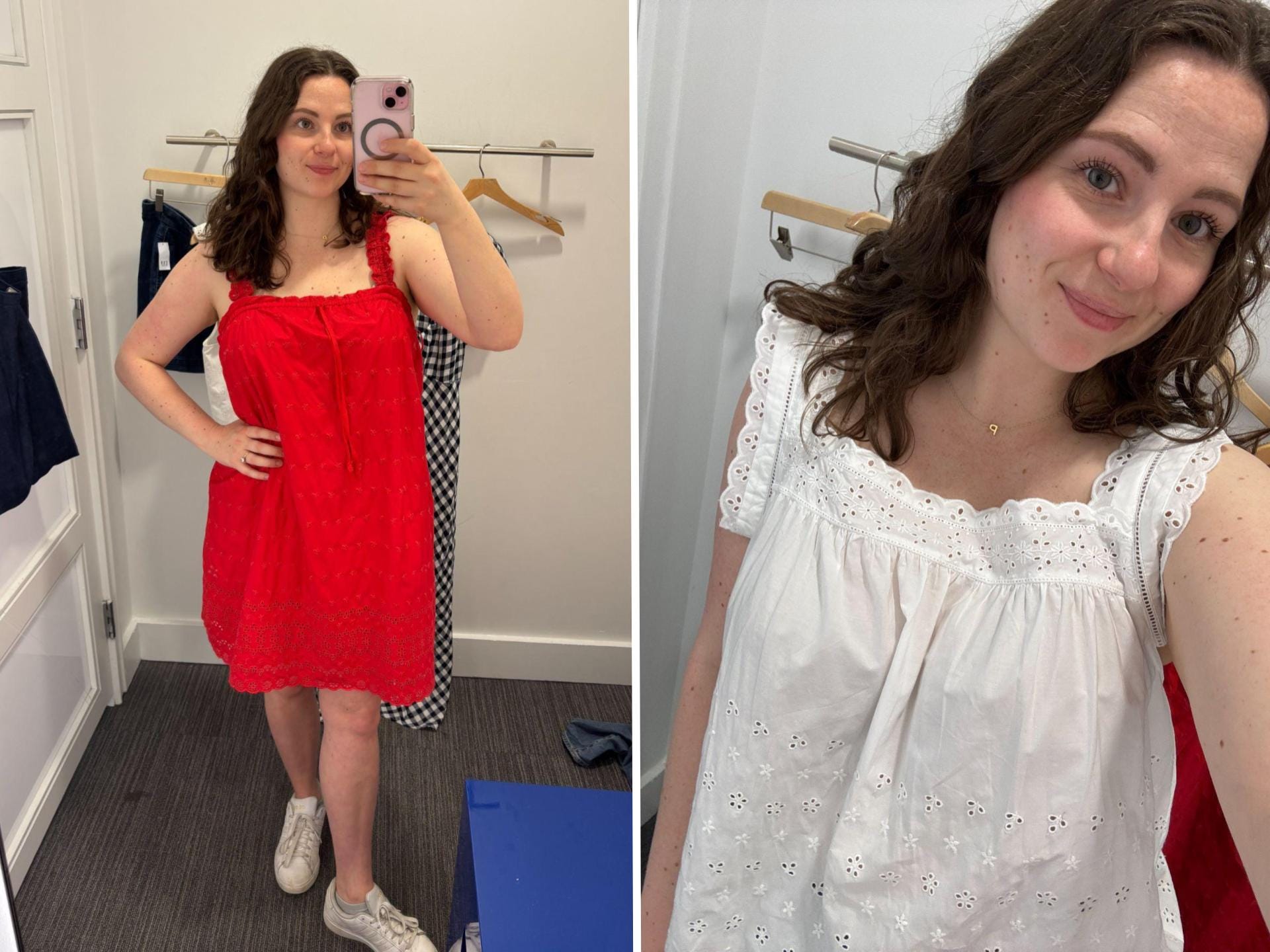 A side-by-side of a woman in a red dress and the same woman in a white top.
