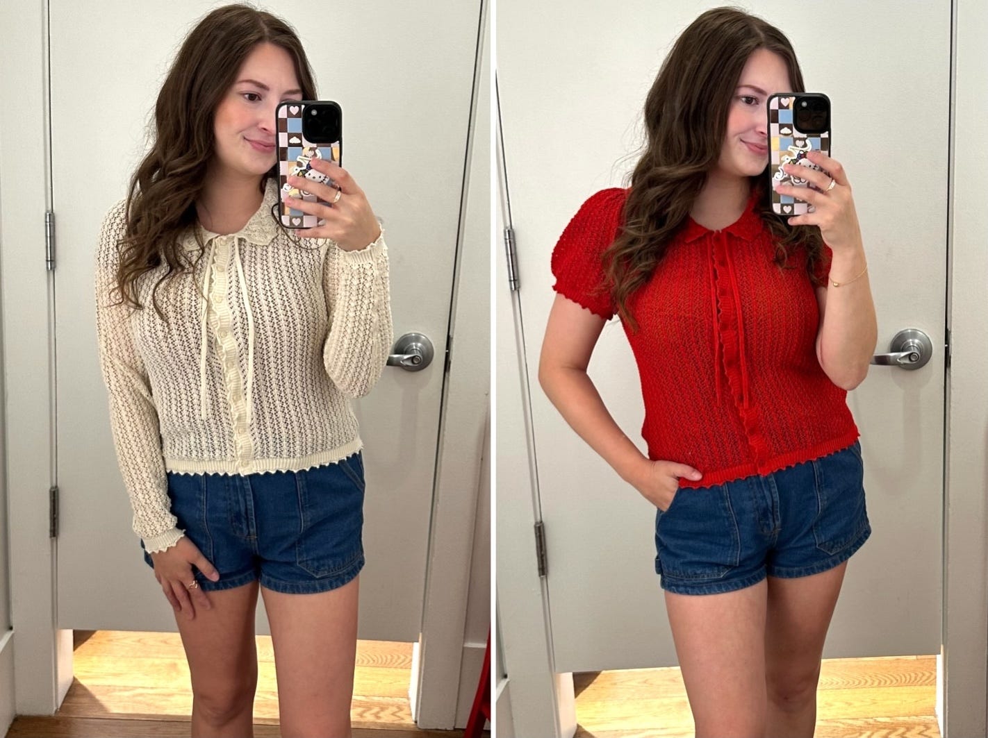 Reporter Amanda Krause takes a selfie to show a tan Gap x Doen cardigan (left), and Amanda in another selfie to show a red knit top from the same line.