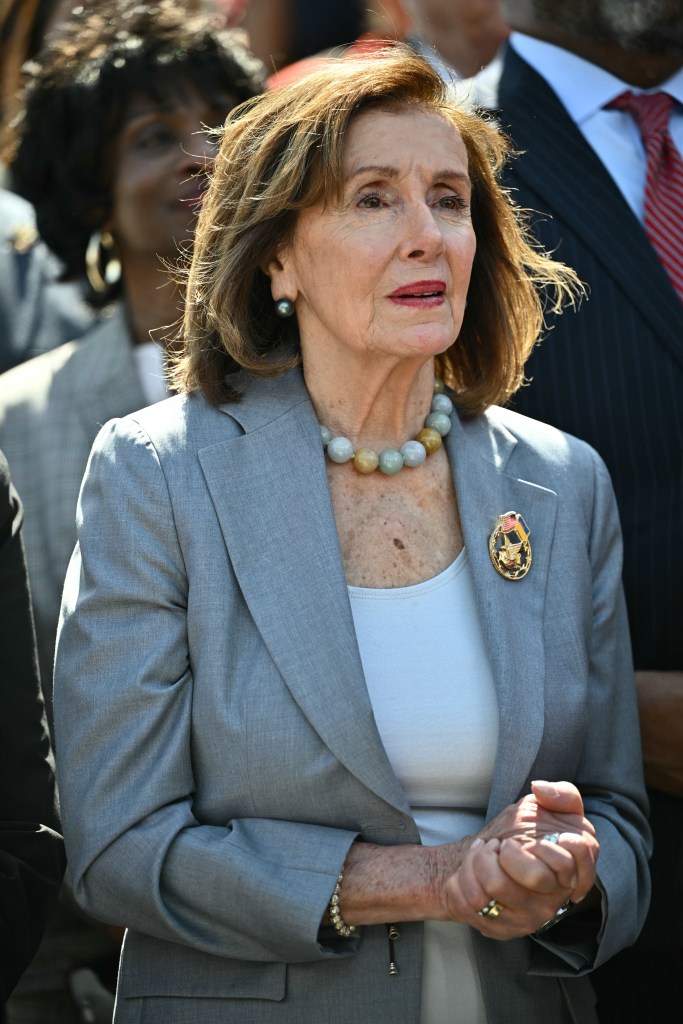 US Representative Nancy Pelosi attending a press conference regarding the first 100 days of the Trump administration at the US Capitol