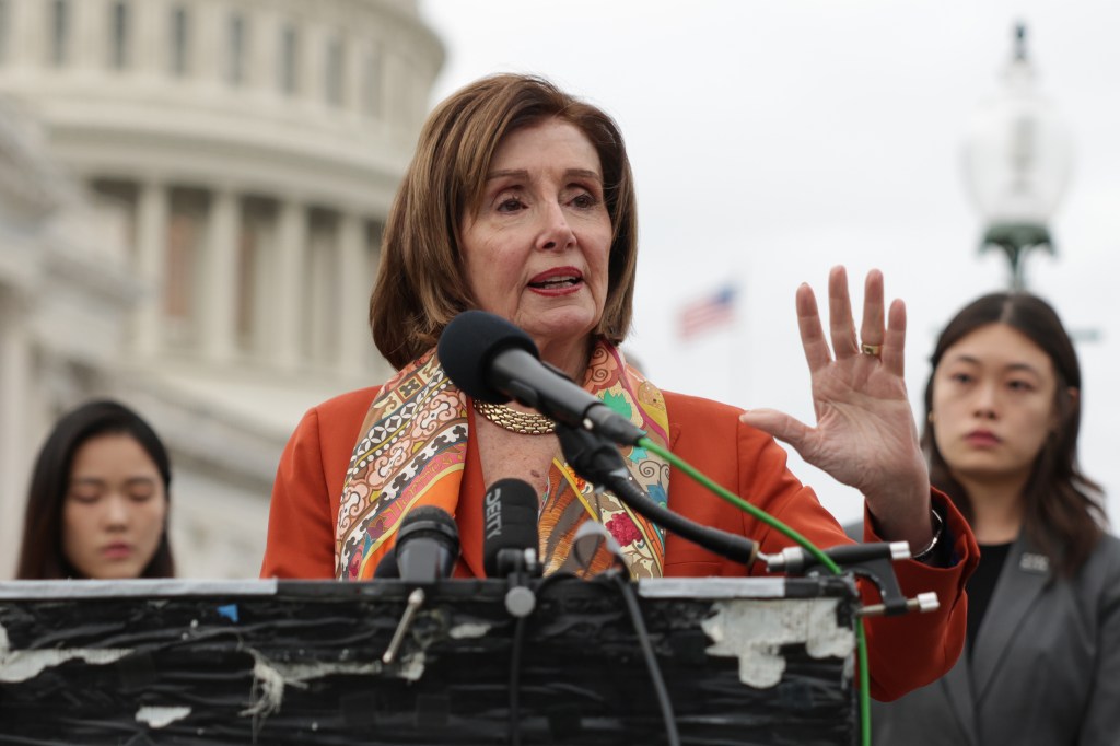 Former House Speaker Nancy Pelosi speaking at a press conference in front of the U.S. Capitol about the sentencing ruling in the Hong Kong 47 case, November 19, 2024.