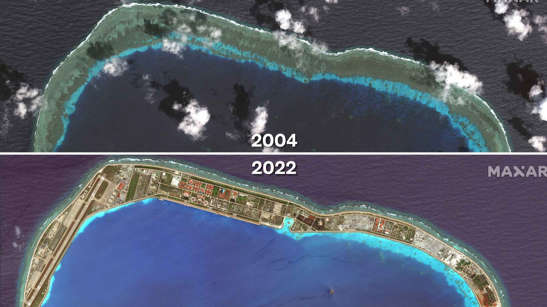 Before and after satellite images of Mischief Reef in 2004 (top) and 2022 (bottom)