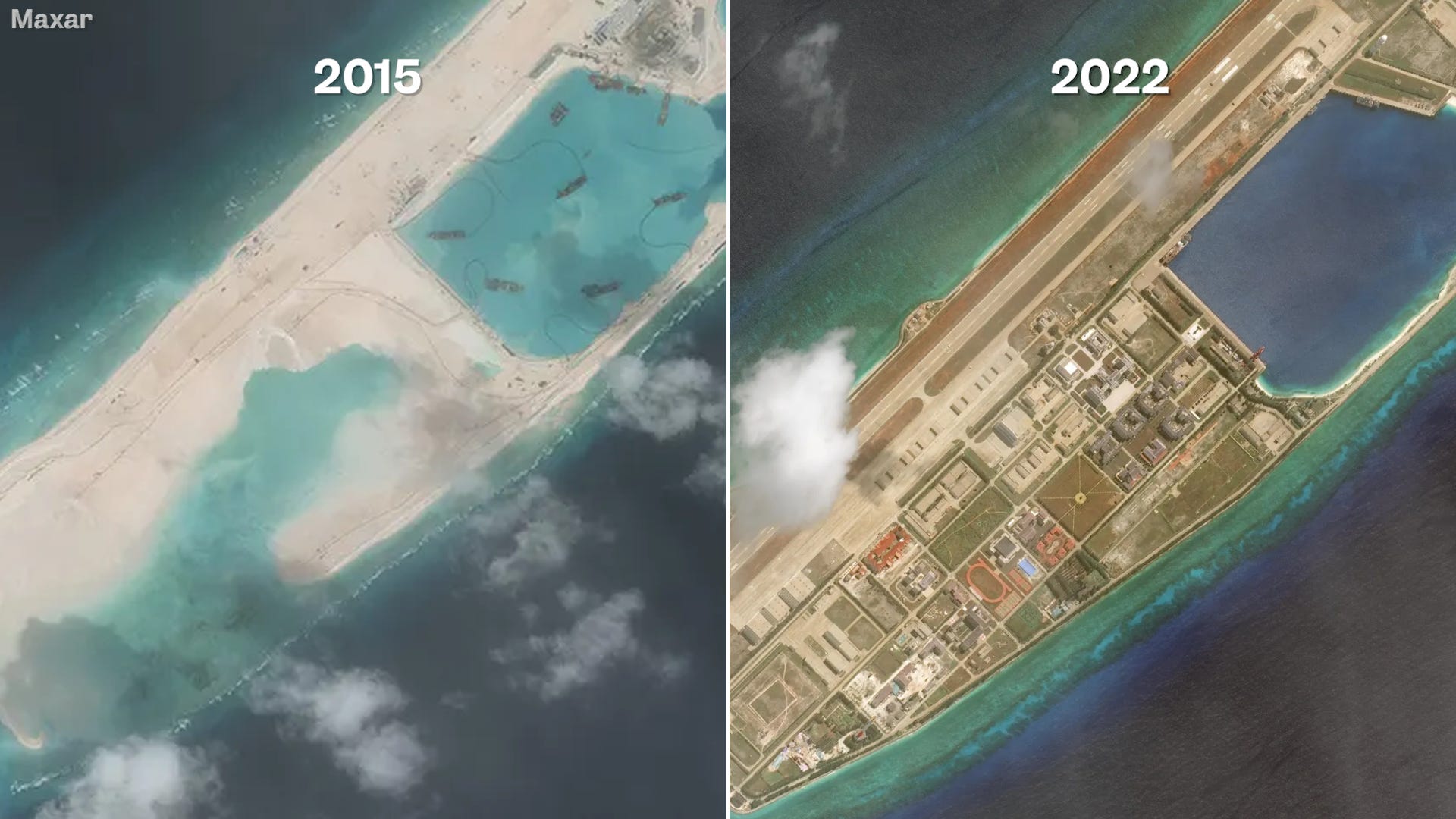 side by side satellite images of fiery cross reef in 2015 (left) and 2022 (right)