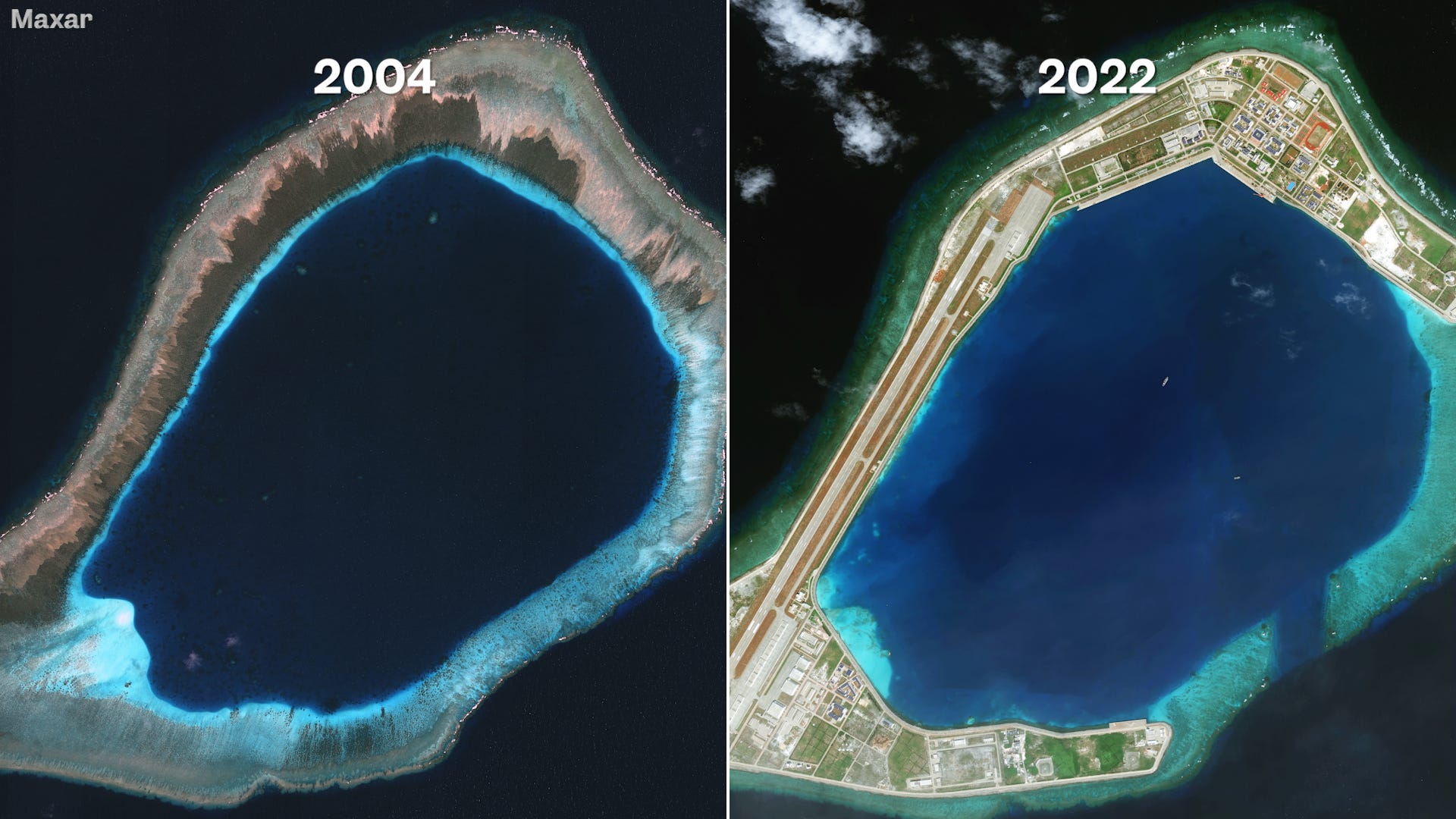 Side by side satellite images of Subi Reef in 2004 and 2022