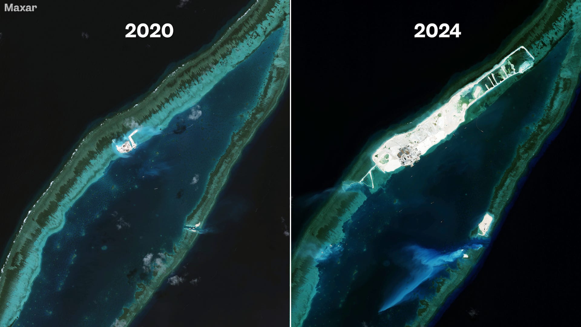 side by side satellite images of Barque Canada reef
