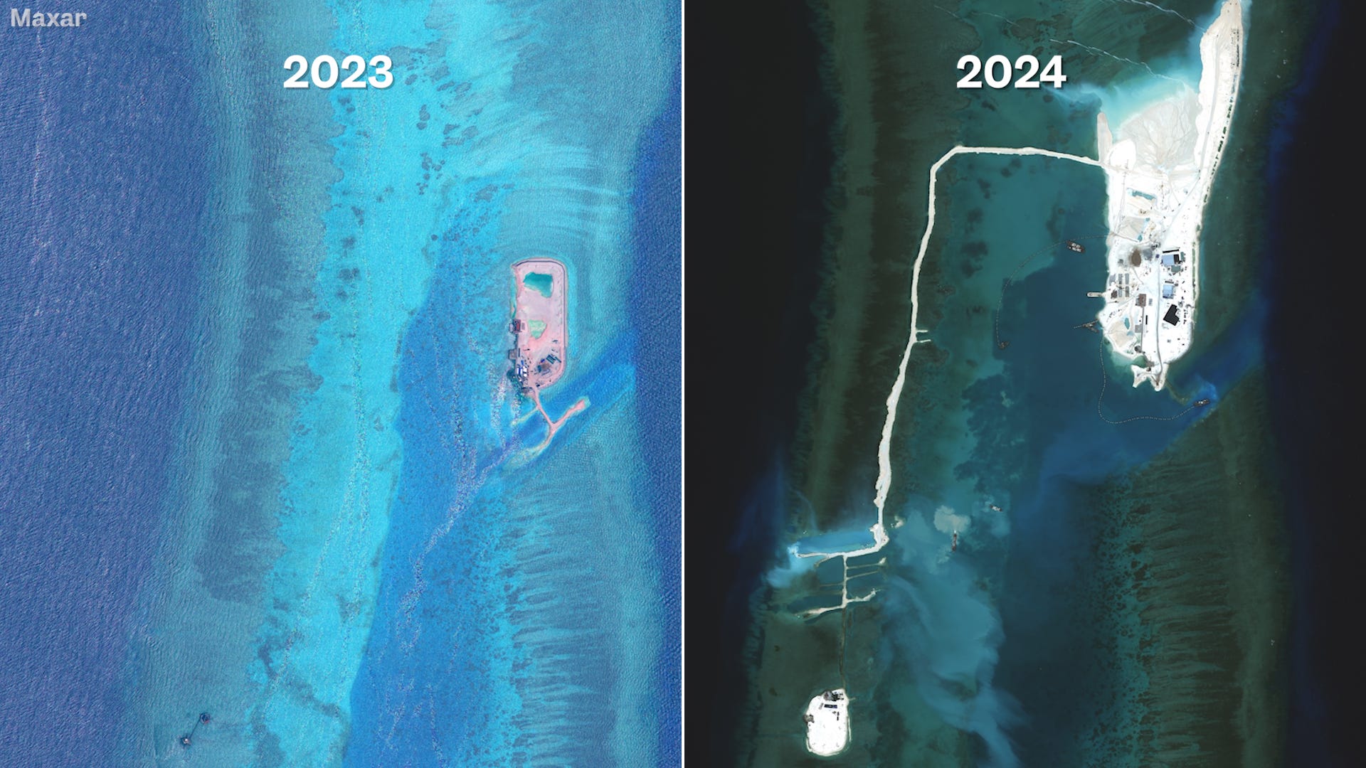 side by side satellite image of discovery great reef in 2023 (left) and 2024 (right).