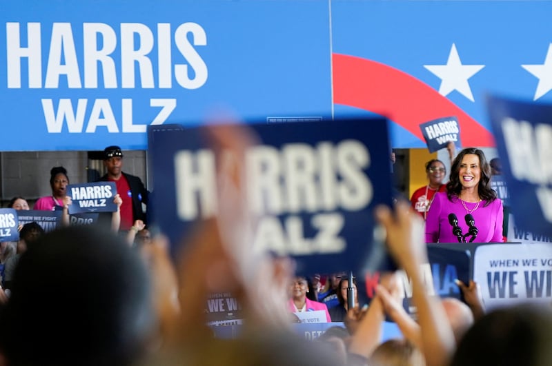 Gretchen Whitmer speaks during a campaign rally for Democratic presidential candidate Kamala Harris and vice presidential candidate Tim Walz in Romulus, Michigan on August 7, 2024.