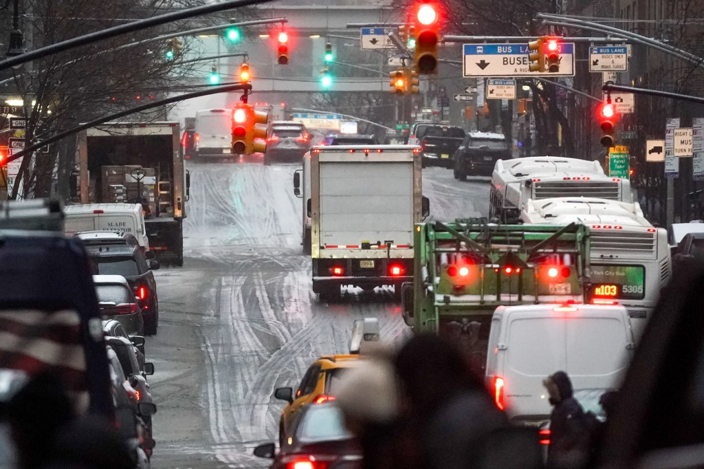 Wintery conditions on Lexington Avenue in the Upper East Side neighborhood of Manhattan during a winter weather advisory.
