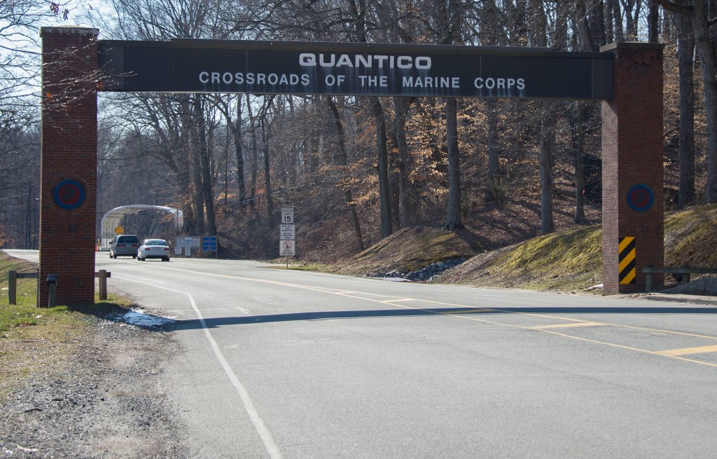 The main gate of the US Marine Corps Base in Quantico, Virginia