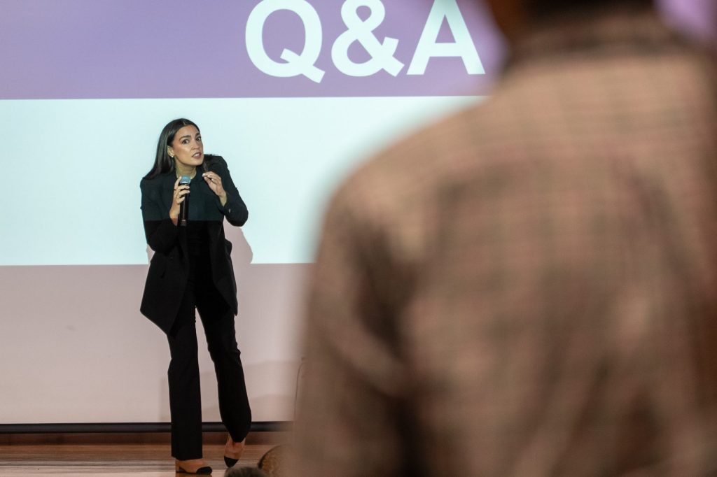 Rep. Alexandria Ocasio-Cortez (D-NY) speaks at a town hall gathering on May 2, 2025 in New York City.