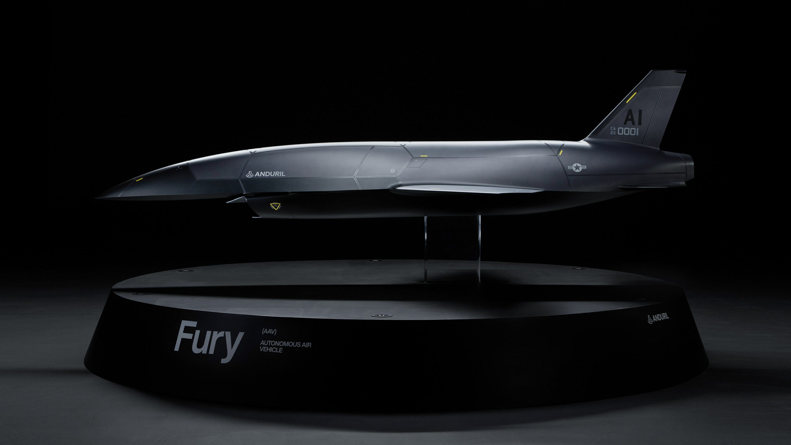 A model prototype of the Fury combat drone, designed by Blue Force Technologies and acquired by Anduril.